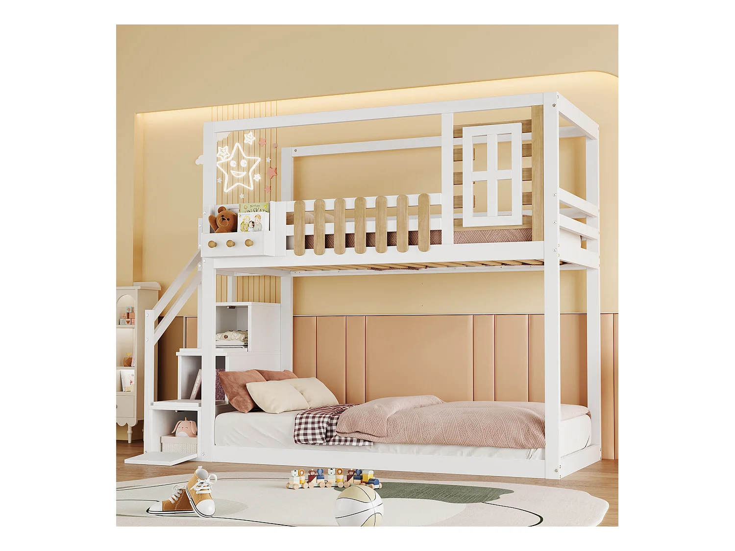 Lits superposés 2 x 90 x 200 cm avec escalier, fenêtre et 3 casiers - bois de pin + MDF - blanc (sans matelas)