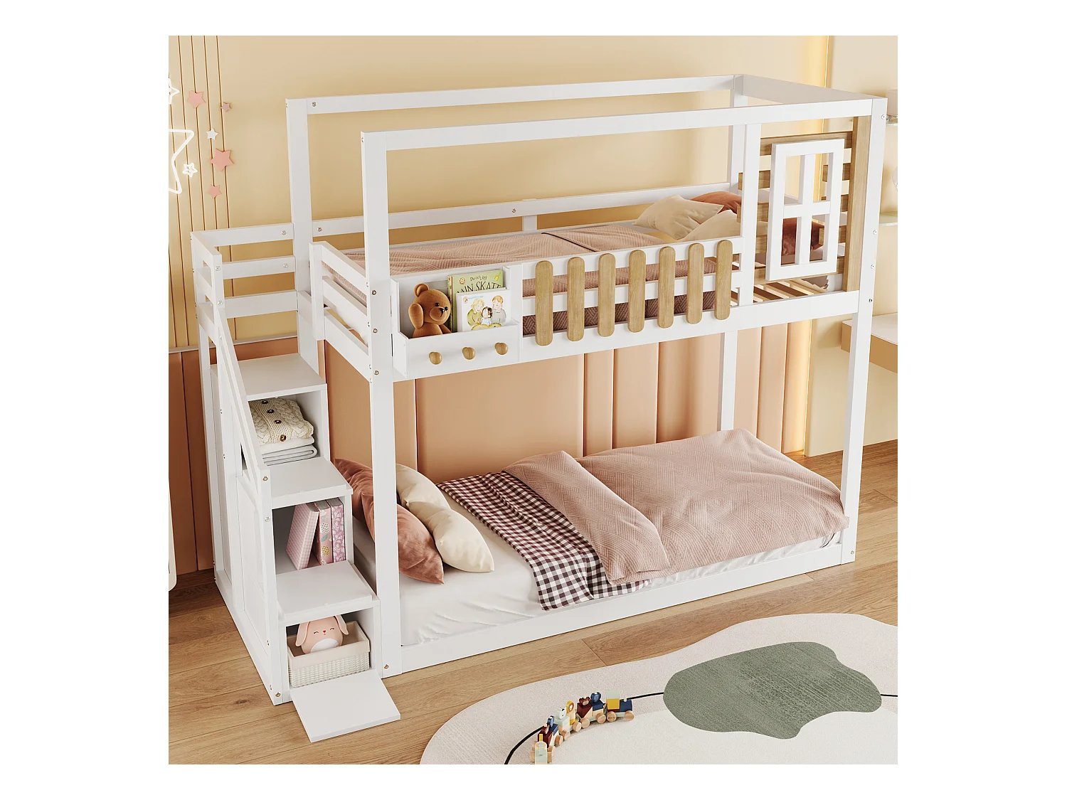 Lits superposés 2 x 90 x 200 cm avec escalier, fenêtre et 3 casiers - bois de pin + MDF - blanc (sans matelas)