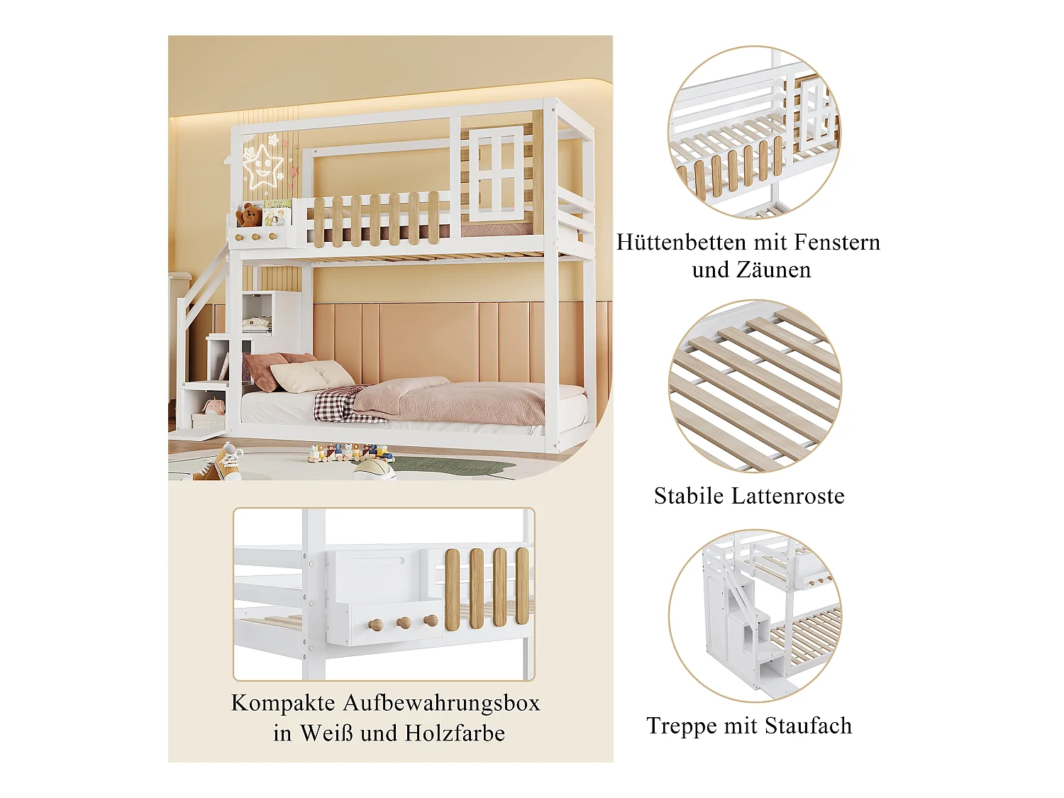 Lits superposés 2 x 90 x 200 cm avec escalier, fenêtre et 3 casiers - bois de pin + MDF - blanc (sans matelas)