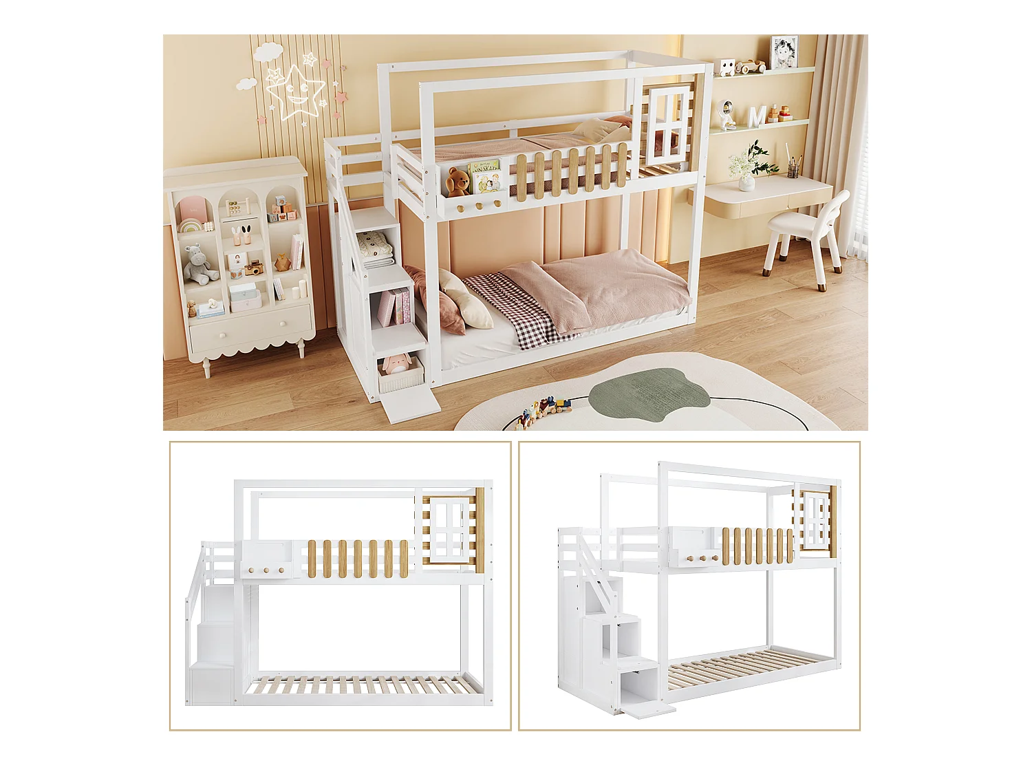 Lits superposés 2 x 90 x 200 cm avec escalier, fenêtre et 3 casiers - bois de pin + MDF - blanc (sans matelas)