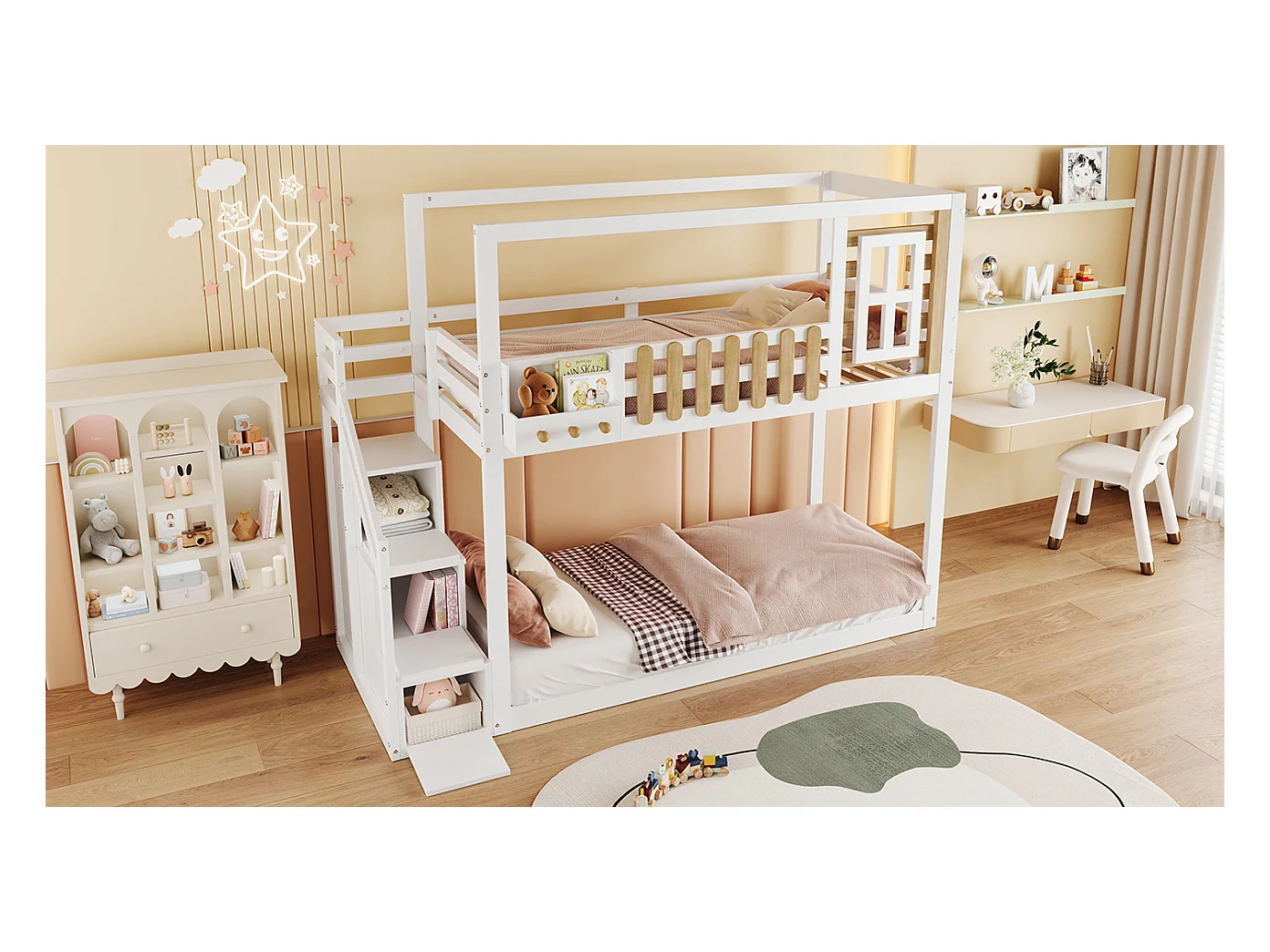 Lits superposés 2 x 90 x 200 cm avec escalier, fenêtre et 3 casiers - bois de pin + MDF - blanc (sans matelas)