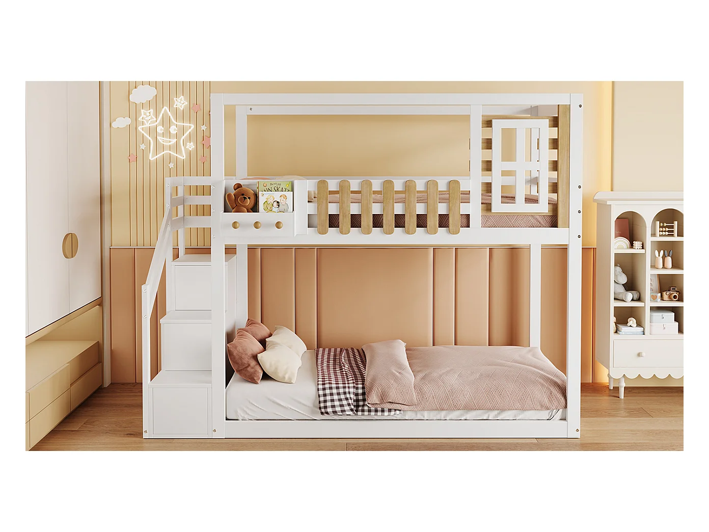Lits superposés 2 x 90 x 200 cm avec escalier, fenêtre et 3 casiers - bois de pin + MDF - blanc (sans matelas)