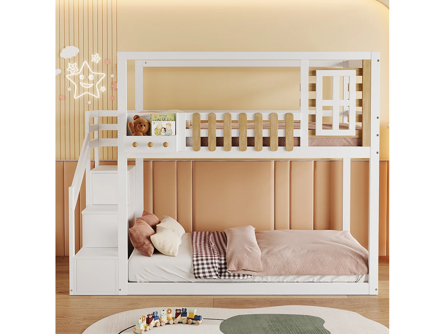 Lits superposés 2 x 90 x 200 cm avec escalier, fenêtre et 3 casiers - bois de pin + MDF - blanc (sans matelas)