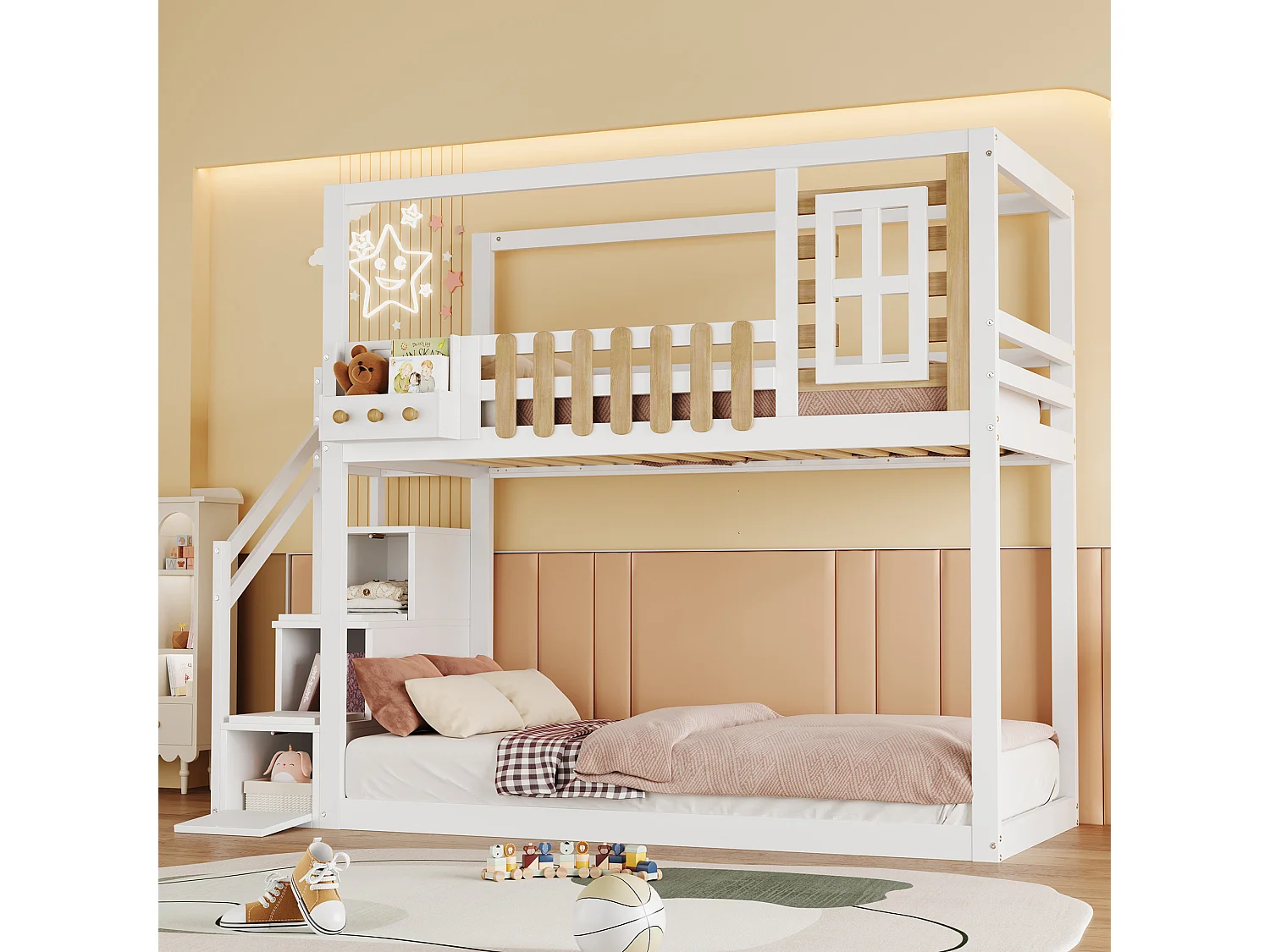 Lits superposés 2 x 90 x 200 cm avec escalier, fenêtre et 3 casiers - bois de pin + MDF - blanc (sans matelas)