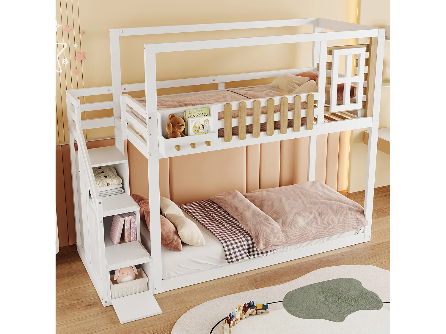 Lits superposés 2 x 90 x 200 cm avec escalier, fenêtre et 3 casiers - bois de pin + MDF - blanc (sans matelas)