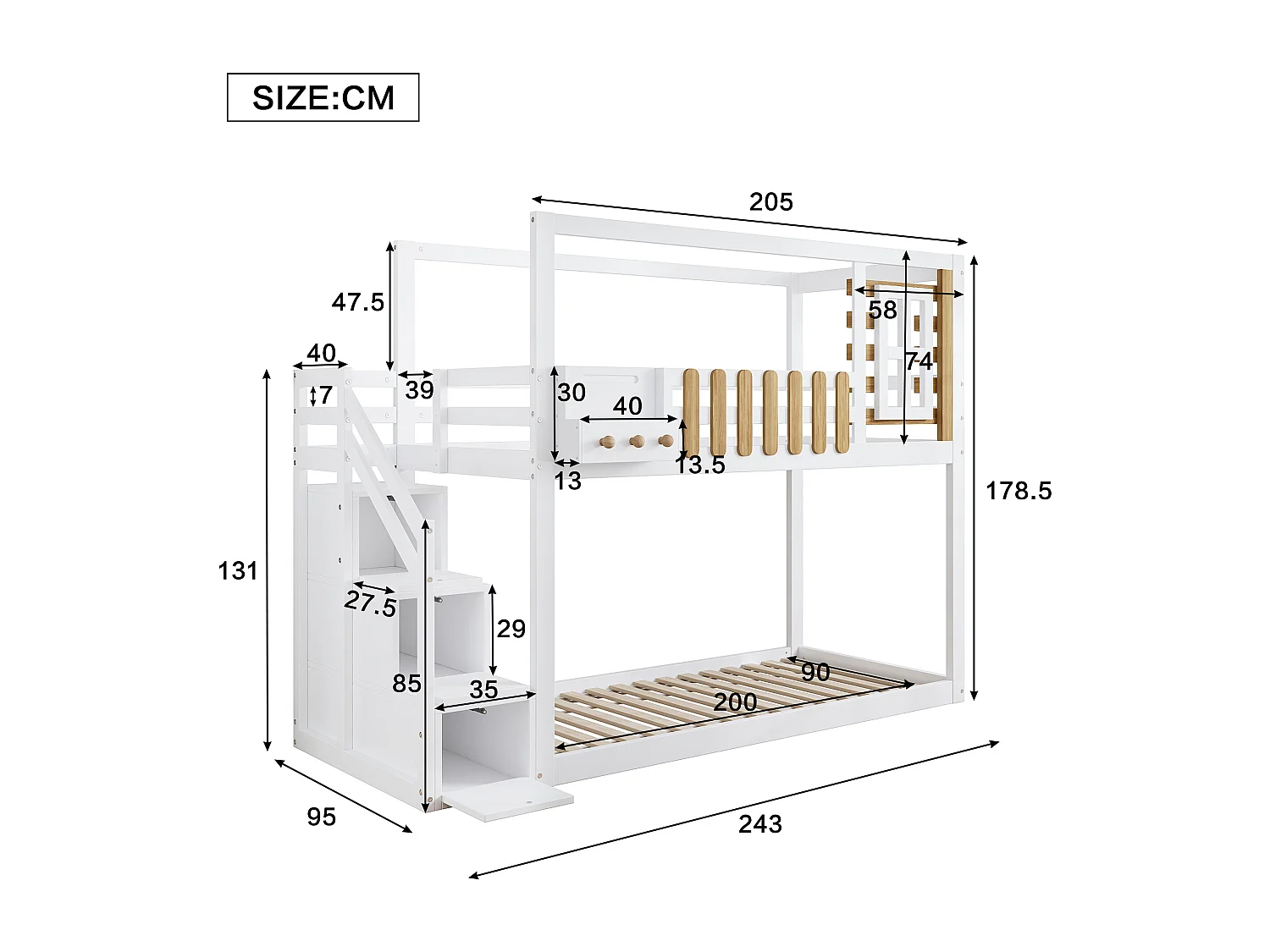 Lits superposés 2 x 90 x 200 cm avec escalier, fenêtre et 3 casiers - bois de pin + MDF - blanc (sans matelas)