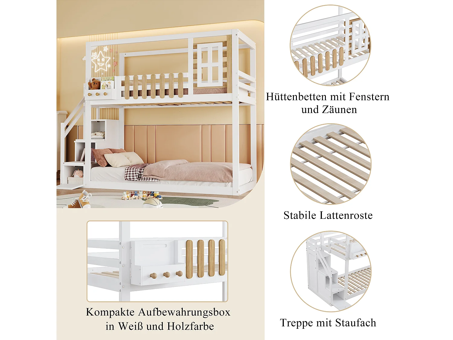 Lits superposés 2 x 90 x 200 cm avec escalier, fenêtre et 3 casiers - bois de pin + MDF - blanc (sans matelas)