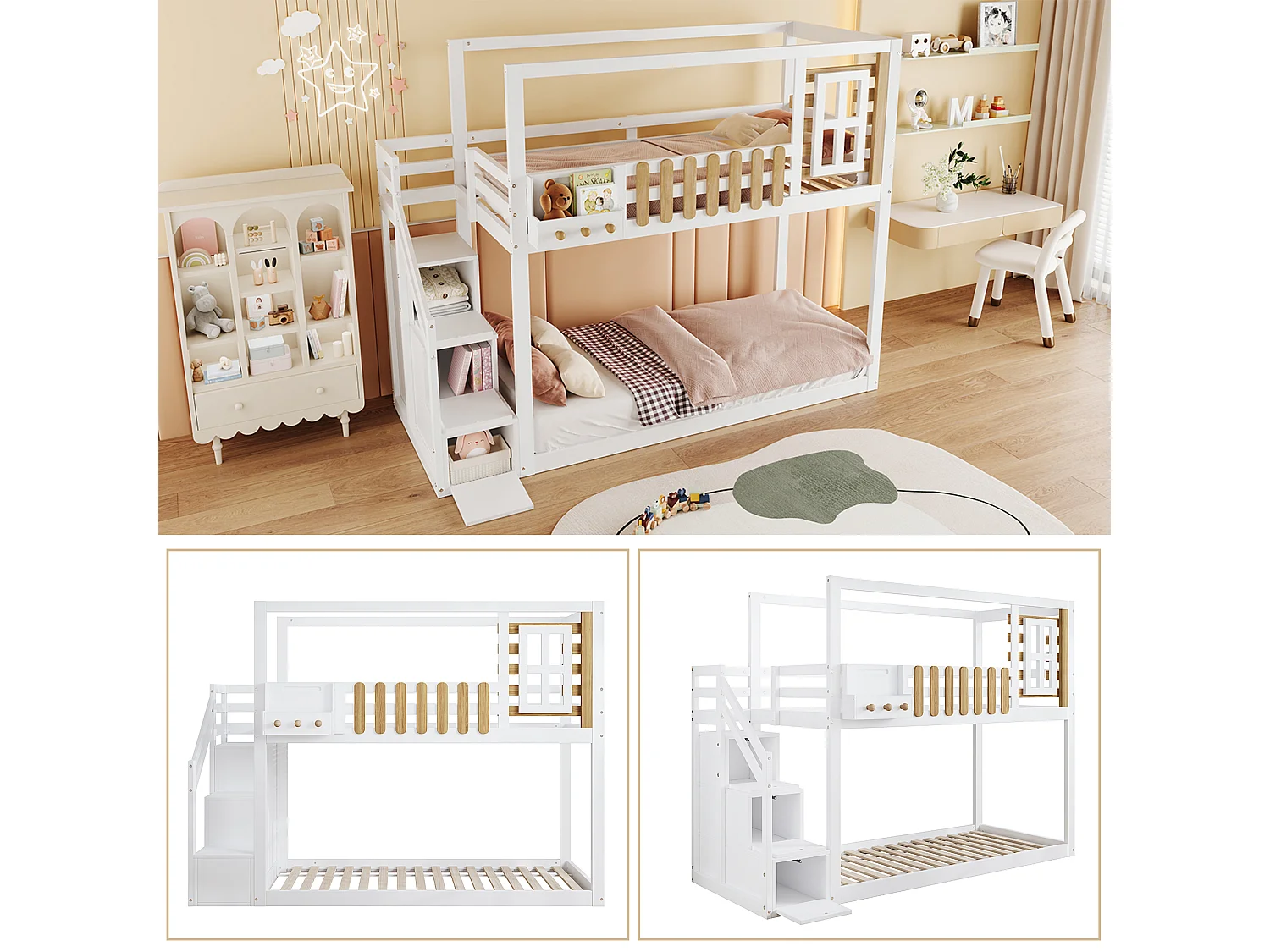 Lits superposés 2 x 90 x 200 cm avec escalier, fenêtre et 3 casiers - bois de pin + MDF - blanc (sans matelas)