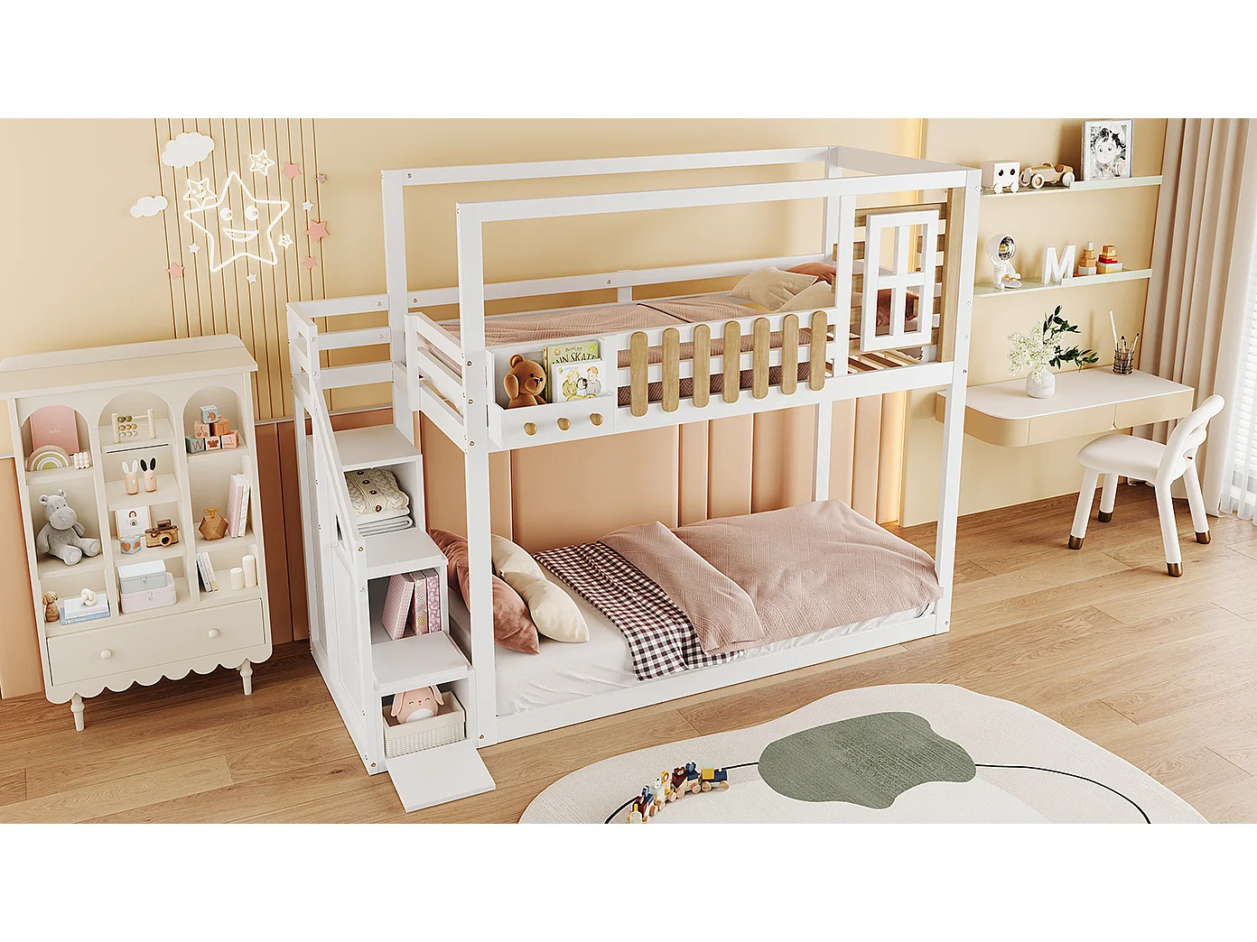 Lits superposés 2 x 90 x 200 cm avec escalier, fenêtre et 3 casiers - bois de pin + MDF - blanc (sans matelas)