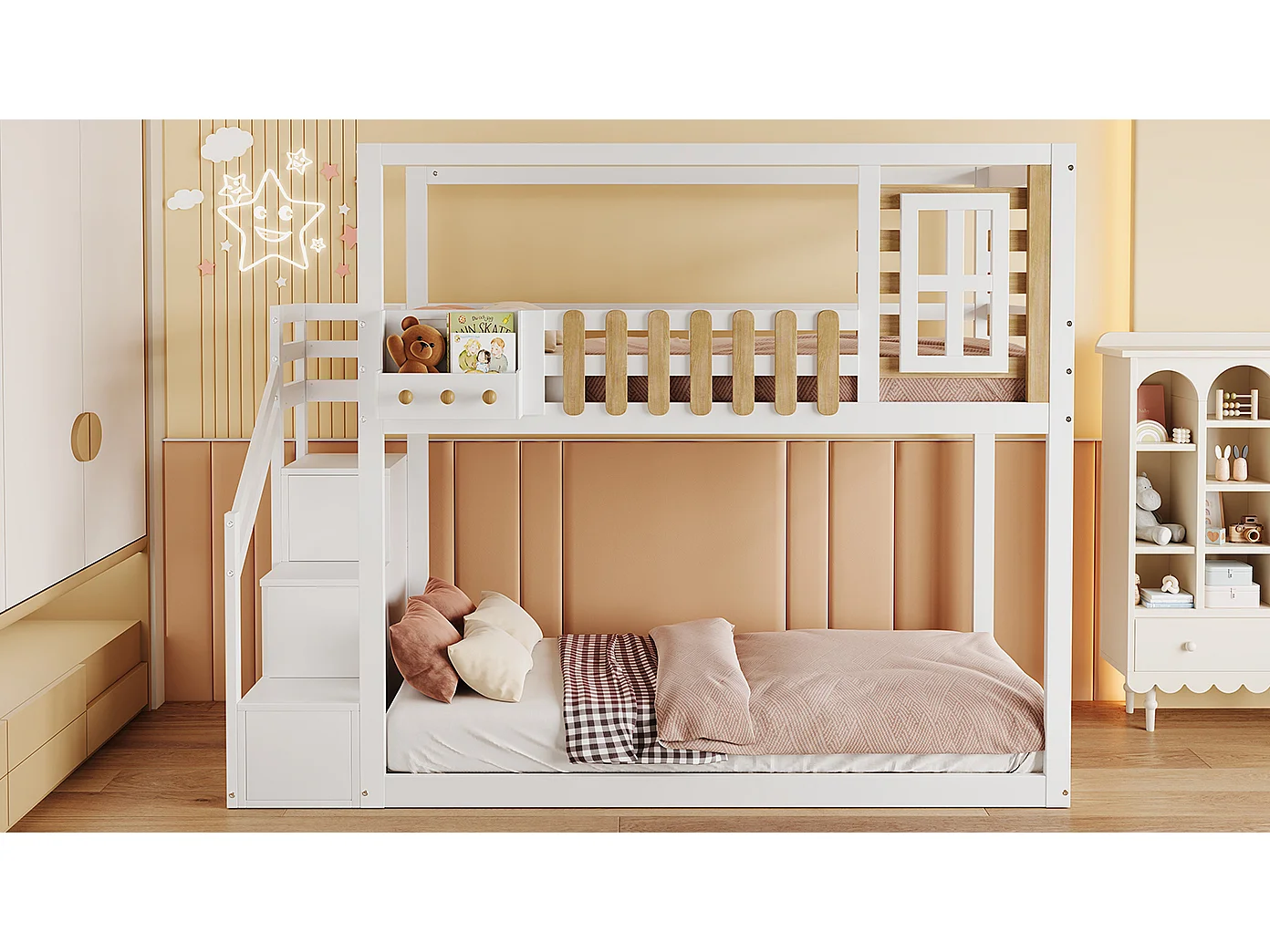 Lits superposés 2 x 90 x 200 cm avec escalier, fenêtre et 3 casiers - bois de pin + MDF - blanc (sans matelas)