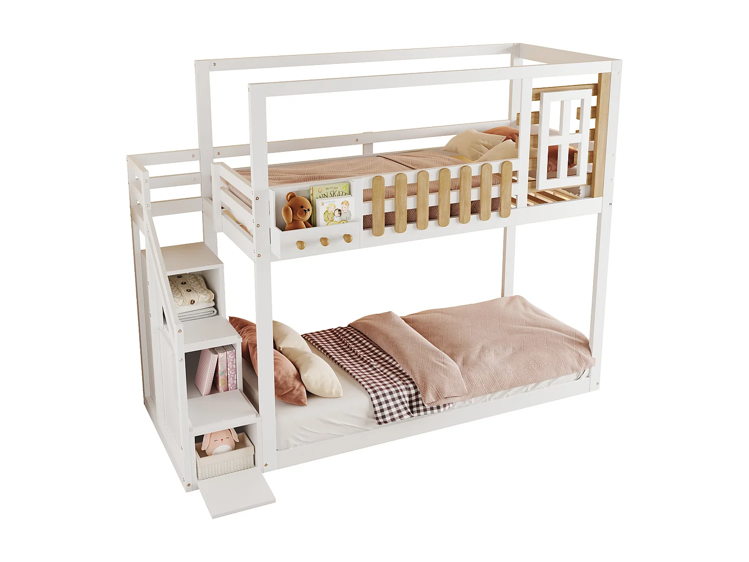 Lits superposés 2 x 90 x 200 cm avec escalier, fenêtre et 3 casiers - bois de pin + MDF - blanc (sans matelas)