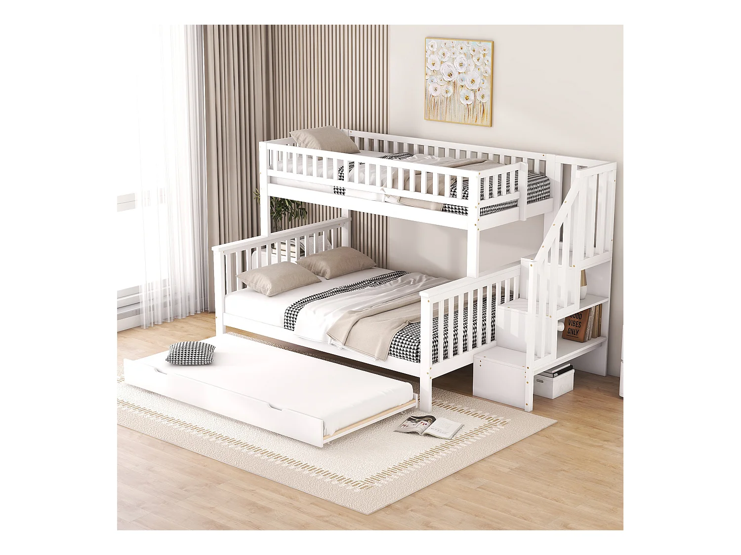 Stapelbedden 90 x 200 cm en 140 x 200 cm met onderschuifbed 90 x 190 cm - grenenhout + MDF - wit (zonder matras)