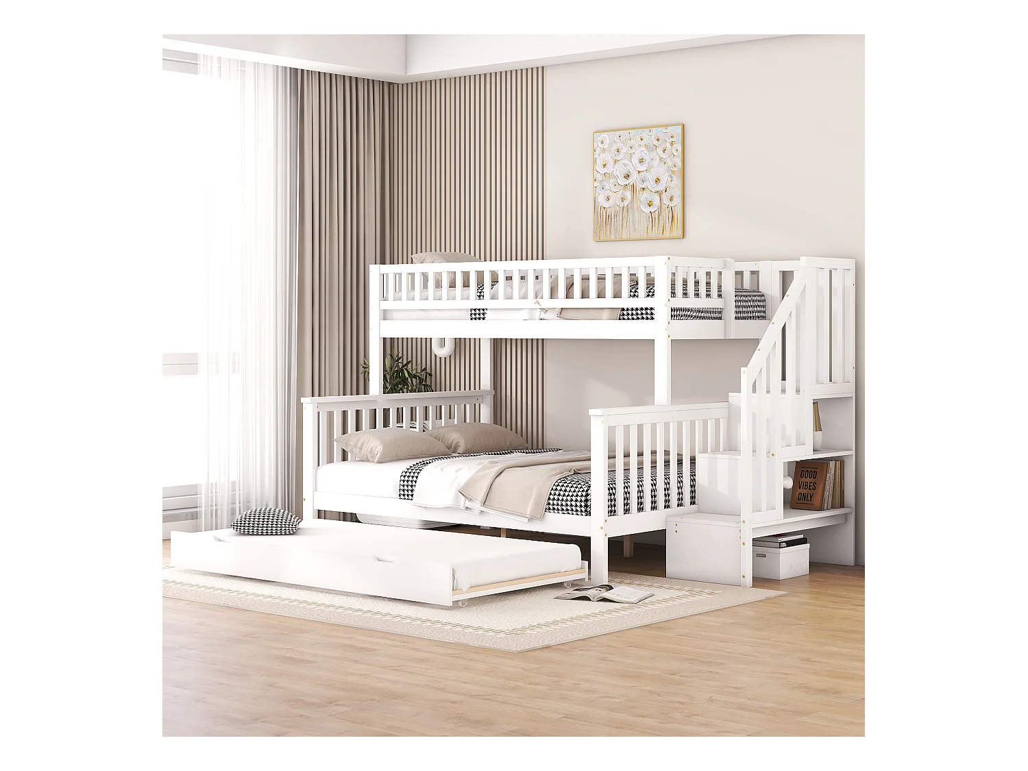 Lits superposés 90 x 200 cm et 140 x 200 cm avec lit gigogne 90 x 190 cm - bois de pin + MDF - blanc (sans matelas)