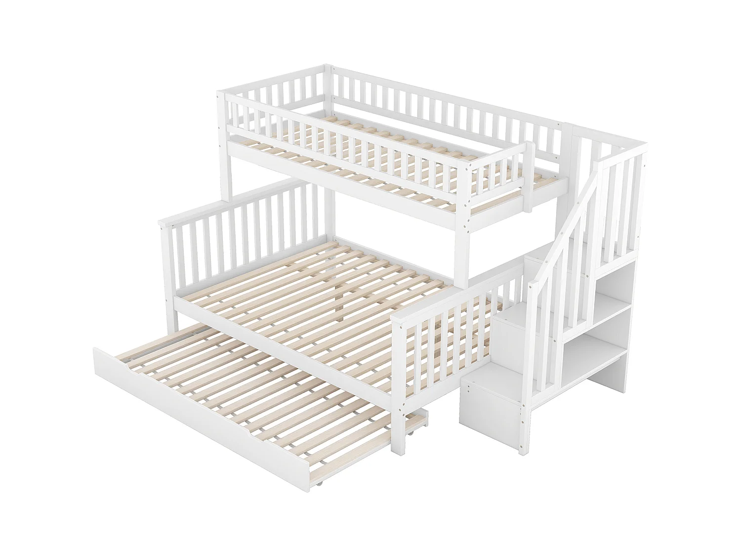 Lits superposés 90 x 200 cm et 140 x 200 cm avec lit gigogne 90 x 190 cm - bois de pin + MDF - blanc (sans matelas)