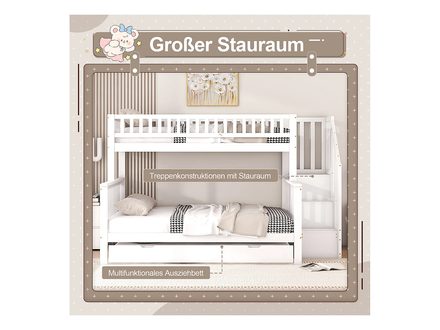 Lits superposés 90 x 200 cm et 140 x 200 cm avec lit gigogne 90 x 190 cm - bois de pin + MDF - blanc (sans matelas)