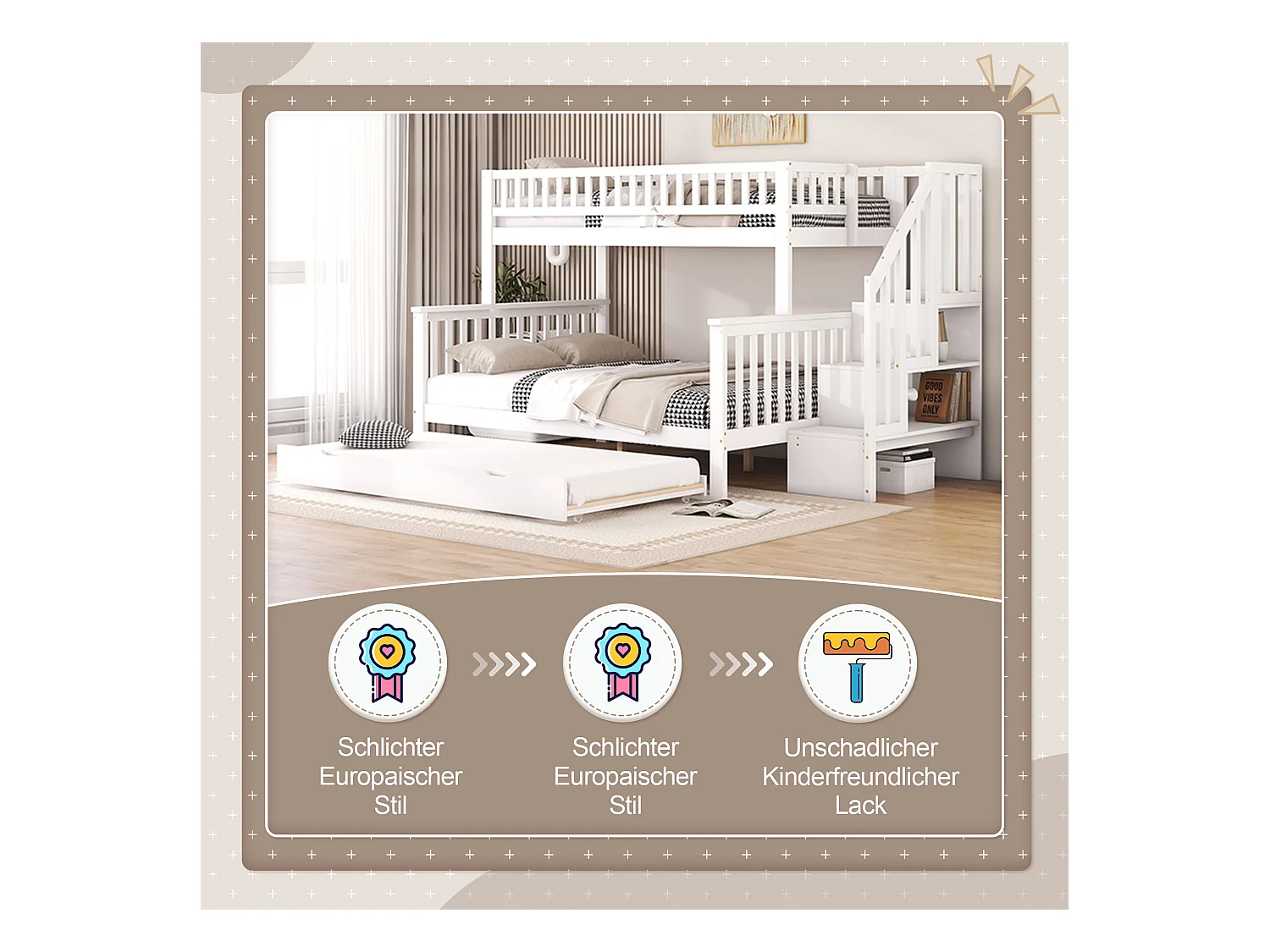 Lits superposés 90 x 200 cm et 140 x 200 cm avec lit gigogne 90 x 190 cm - bois de pin + MDF - blanc (sans matelas)