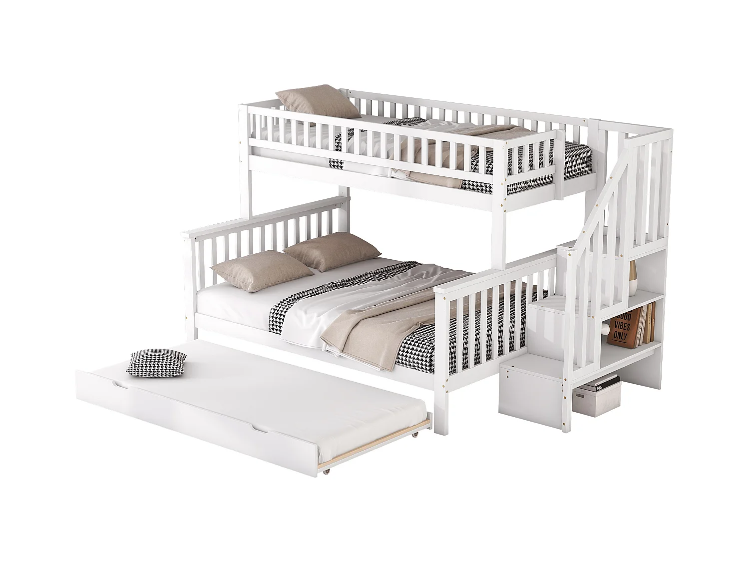 Lits superposés 90 x 200 cm et 140 x 200 cm avec lit gigogne 90 x 190 cm - bois de pin + MDF - blanc (sans matelas)