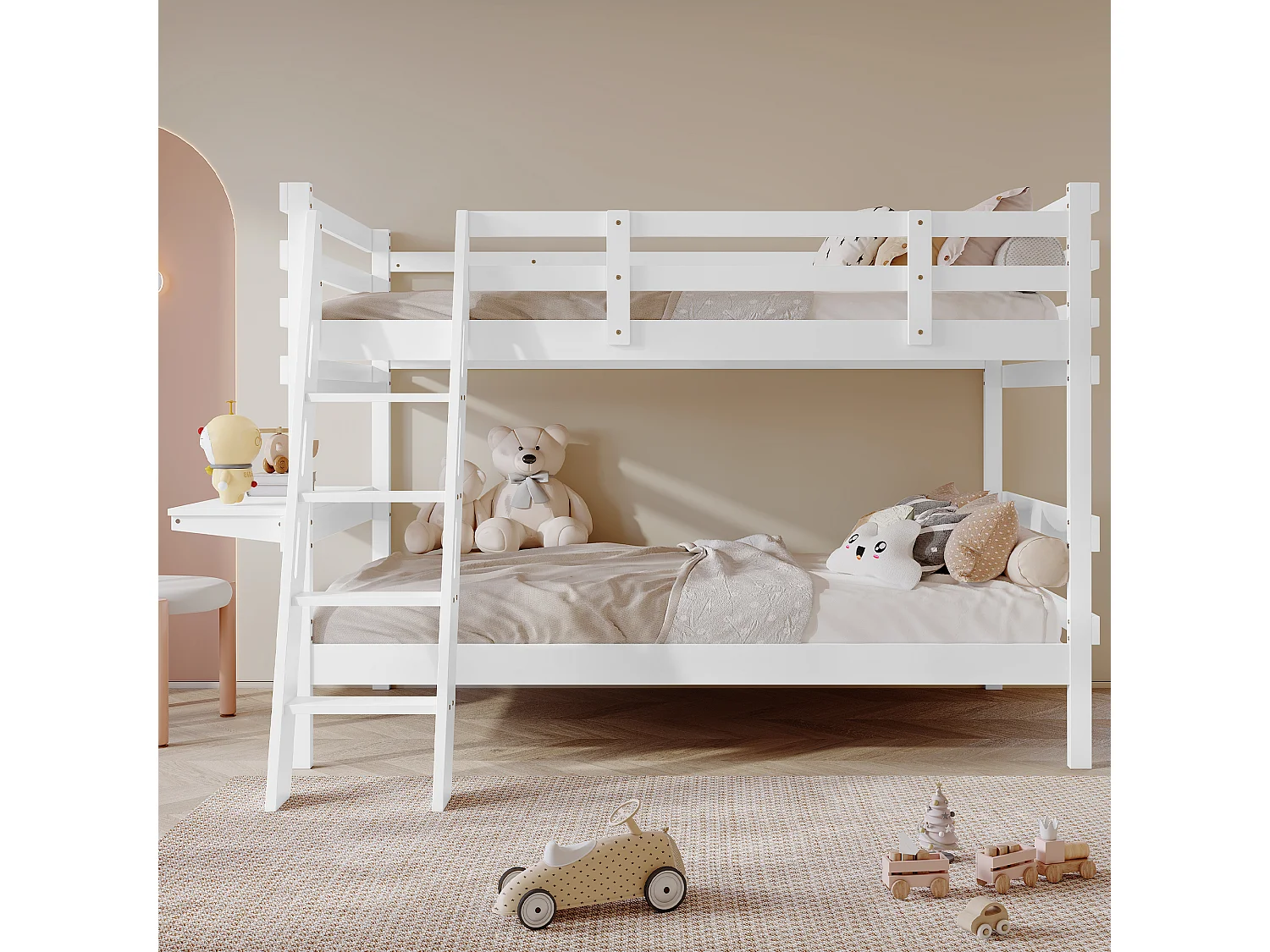 Lits superposés 2 x 90 x 200 cm avec échelle et petit bureau - bois de pin + MDF - blanc (sans matelas)
