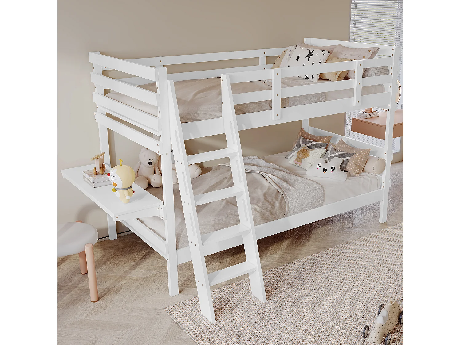 Lits superposés 2 x 90 x 200 cm avec échelle et petit bureau - bois de pin + MDF - blanc (sans matelas)