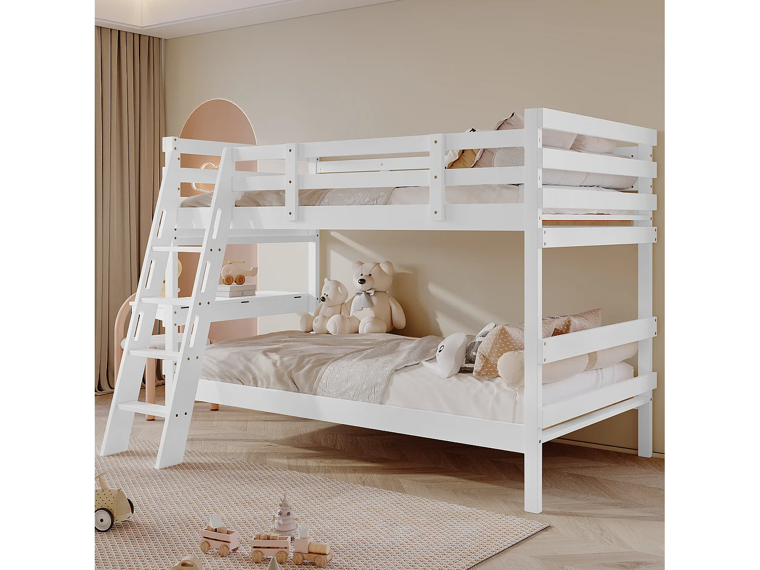 Lits superposés 2 x 90 x 200 cm avec échelle et petit bureau - bois de pin + MDF - blanc (sans matelas)