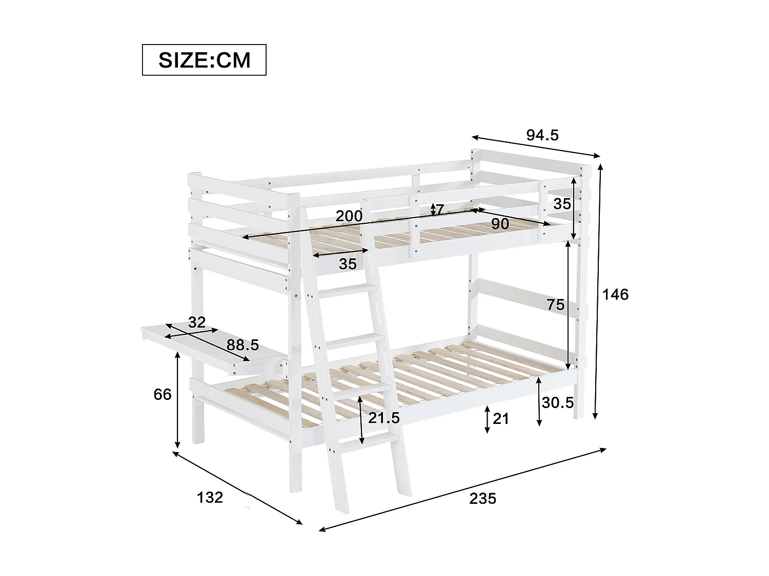Lits superposés 2 x 90 x 200 cm avec échelle et petit bureau - bois de pin + MDF - blanc (sans matelas)