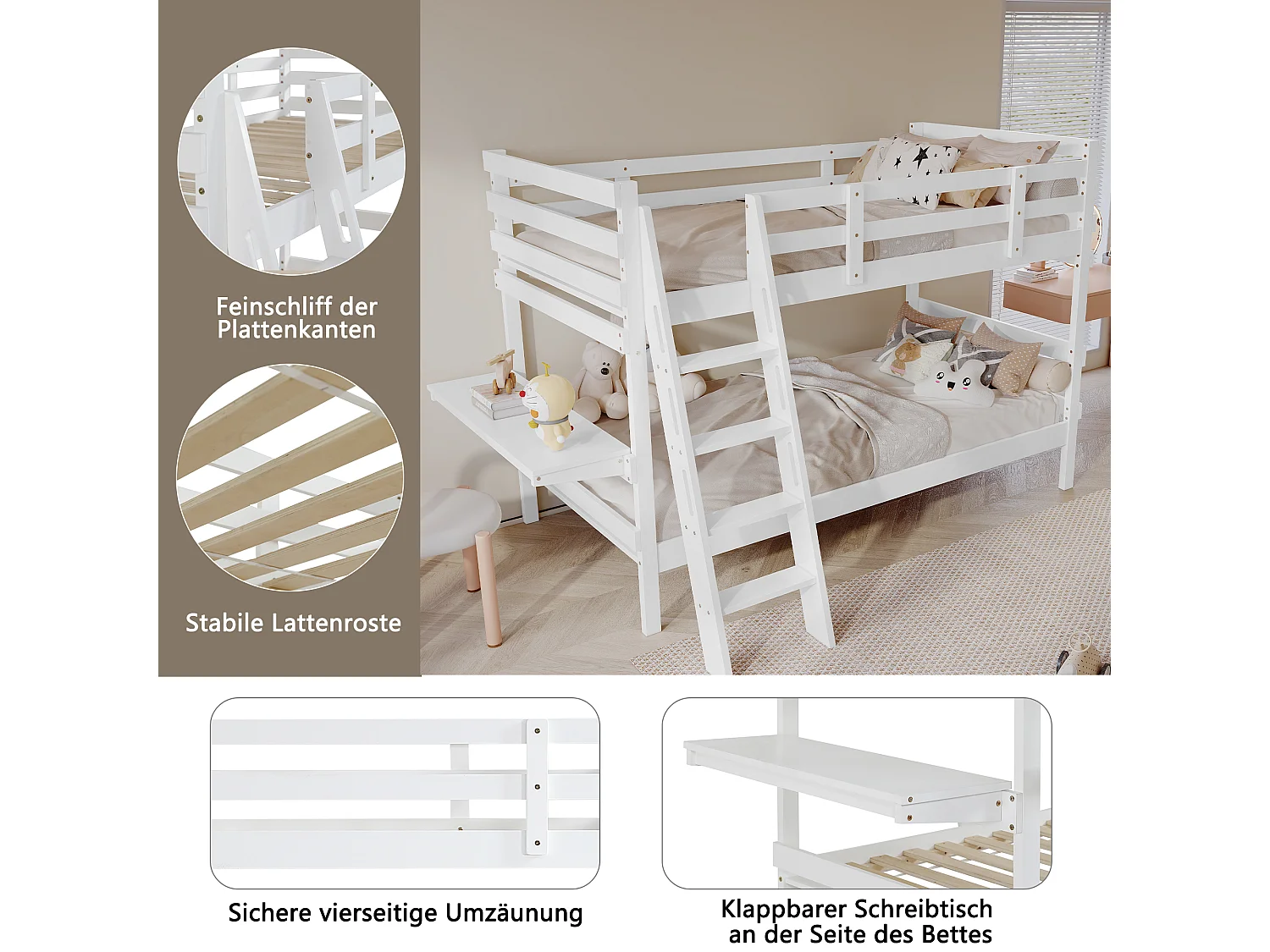 Lits superposés 2 x 90 x 200 cm avec échelle et petit bureau - bois de pin + MDF - blanc (sans matelas)