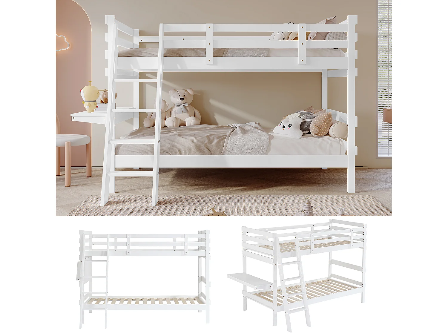 Lits superposés 2 x 90 x 200 cm avec échelle et petit bureau - bois de pin + MDF - blanc (sans matelas)