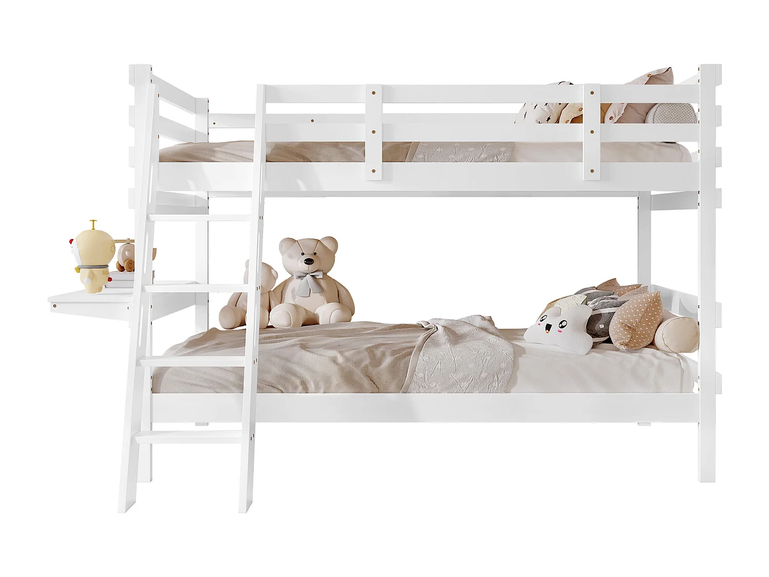 Lits superposés 2 x 90 x 200 cm avec échelle et petit bureau - bois de pin + MDF - blanc (sans matelas)