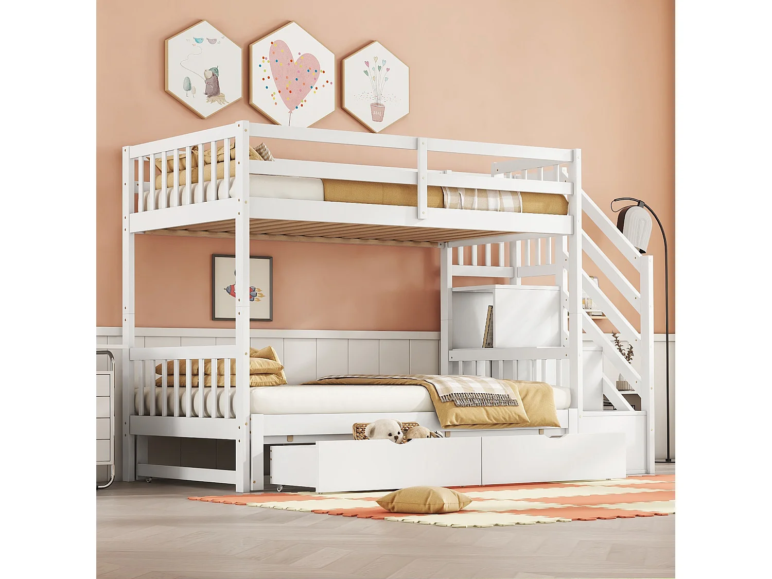 Lits superposés 2 x 90 x 200 cm avec lit gigogne - 2 tiroirs et étagères de rangement - bois de pin - blanc (sans matelas)