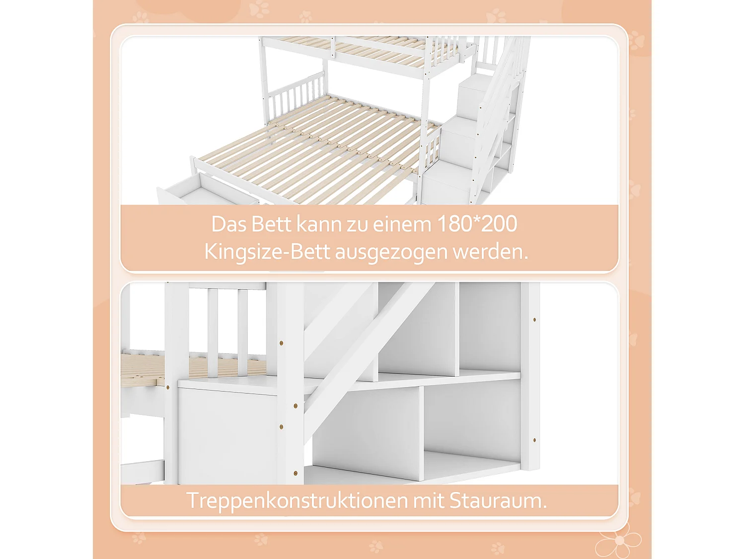 Lits superposés 2 x 90 x 200 cm avec lit gigogne - 2 tiroirs et étagères de rangement - bois de pin - blanc (sans matelas)