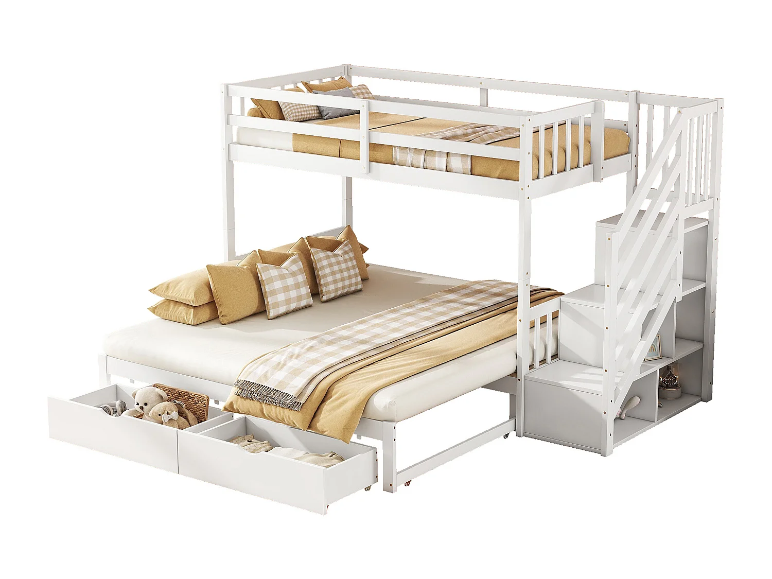 Lits superposés 2 x 90 x 200 cm avec lit gigogne - 2 tiroirs et étagères de rangement - bois de pin - blanc (sans matelas)