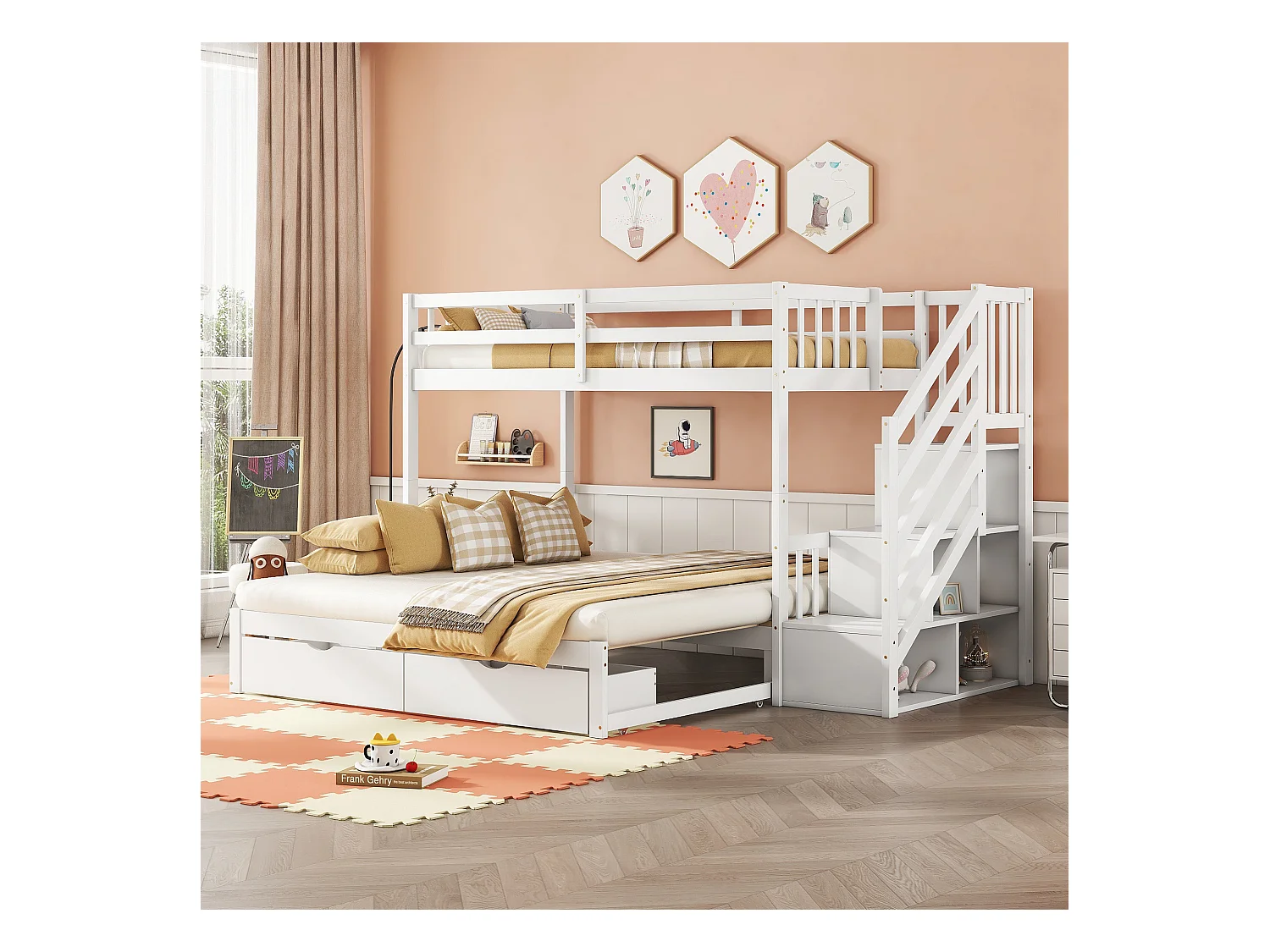 Stapelbedden 2 x 90 x 200 cm met onderschuifbed - 2 laden en opbergplanken - grenenhout - wit (zonder matras)