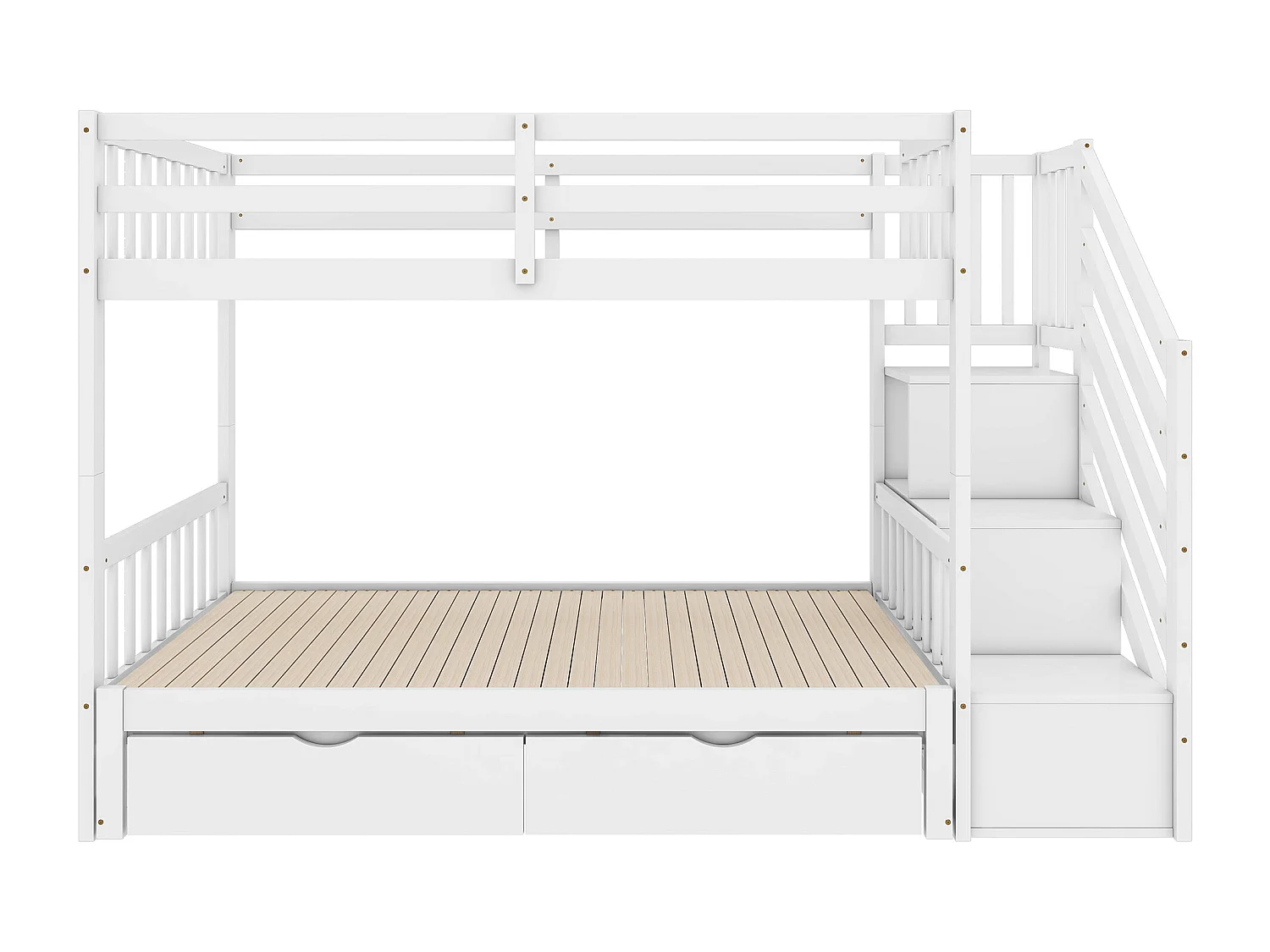 Etagenbetten 2 x 90 x 200 cm mit Ausziehbett – 2 Schubladen und Ablageflächen – Kiefernholz – weiß (ohne Matratze)