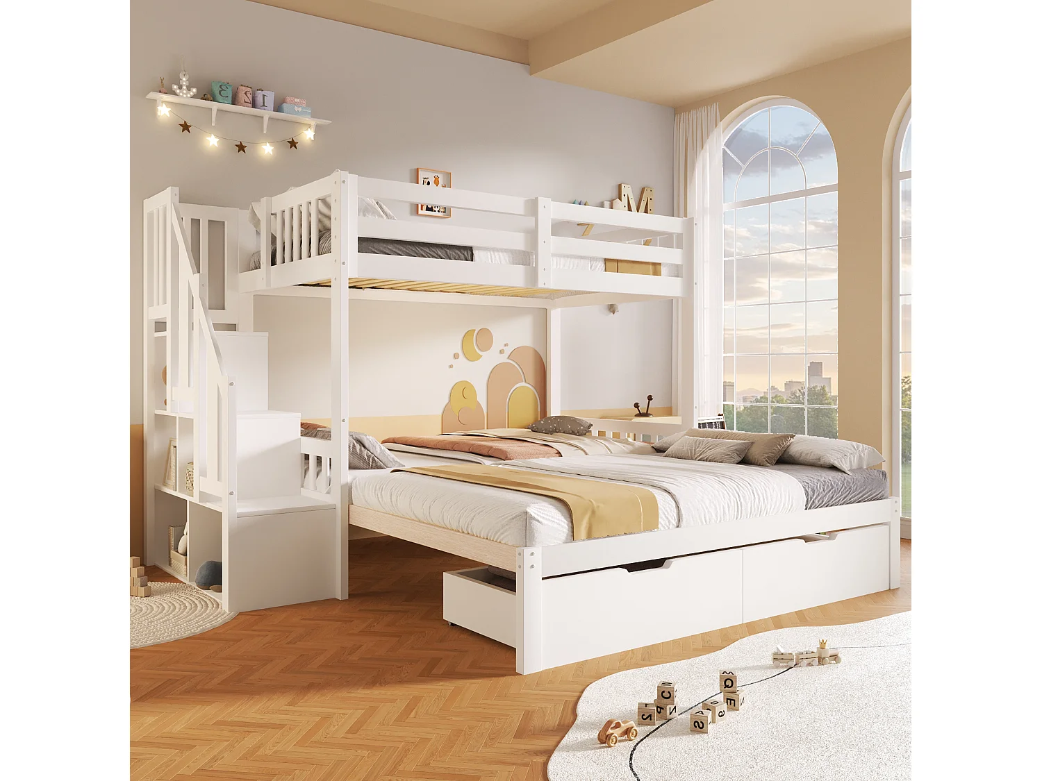 Lits superposés 2 x 90 x 200 cm avec lit gigogne - 2 tiroirs et étagères de rangement - bois de pin - blanc (sans matelas)