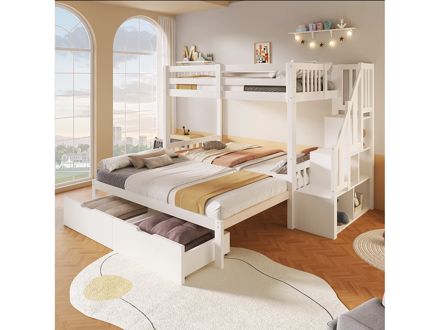 Lits superposés 2 x 90 x 200 cm avec lit gigogne - 2 tiroirs et étagères de rangement - bois de pin - blanc (sans matelas)