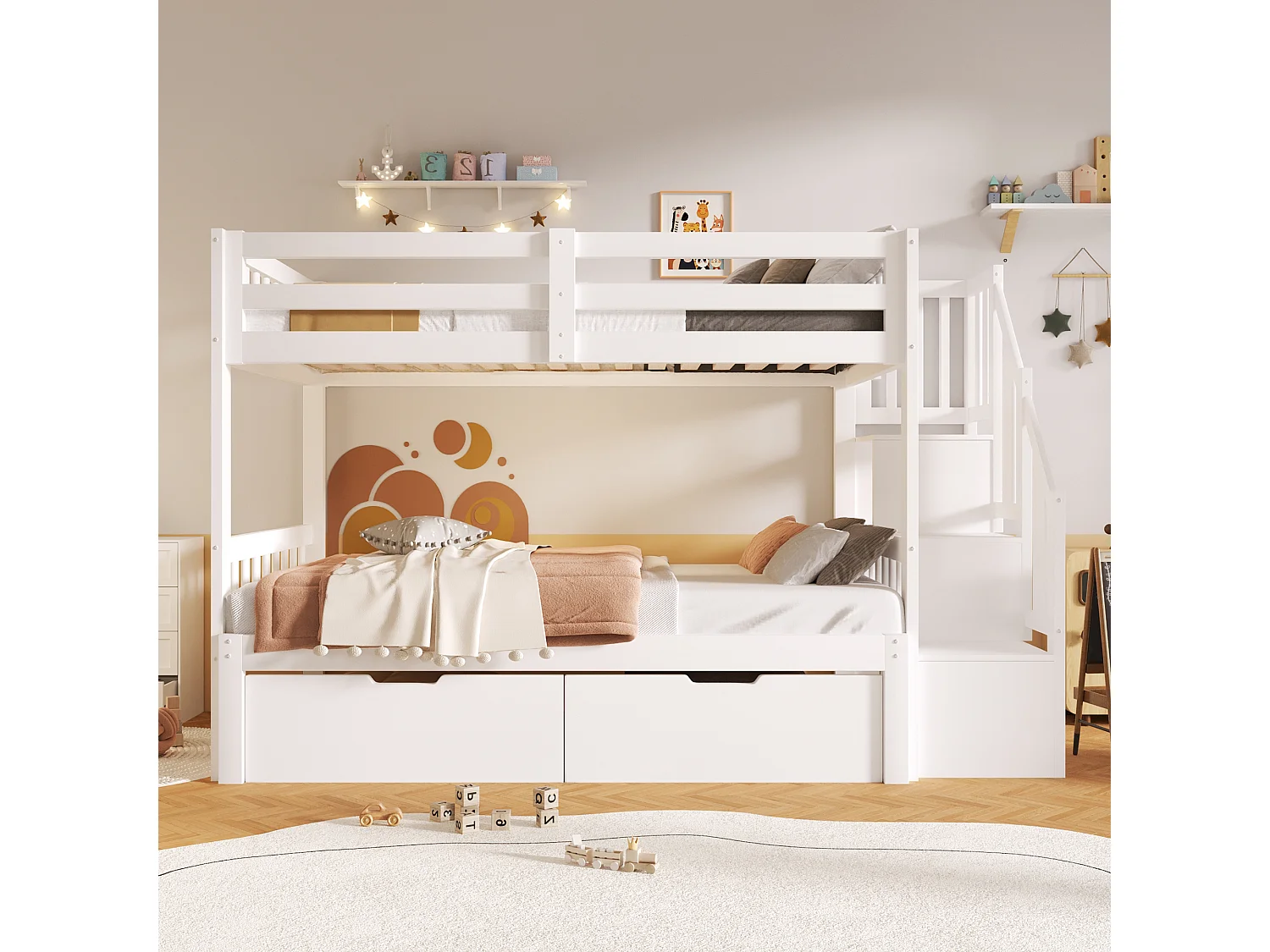 Lits superposés 2 x 90 x 200 cm avec lit gigogne - 2 tiroirs et étagères de rangement - bois de pin - blanc (sans matelas)