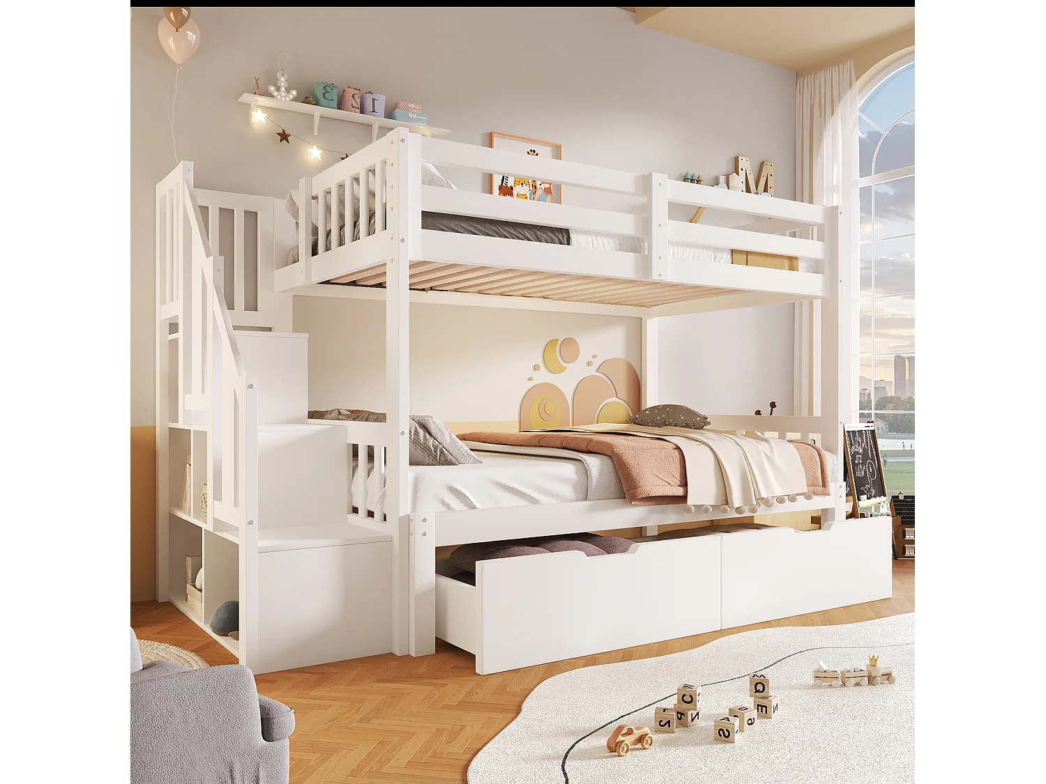 Lits superposés 2 x 90 x 200 cm avec lit gigogne - 2 tiroirs et étagères de rangement - bois de pin - blanc (sans matelas)