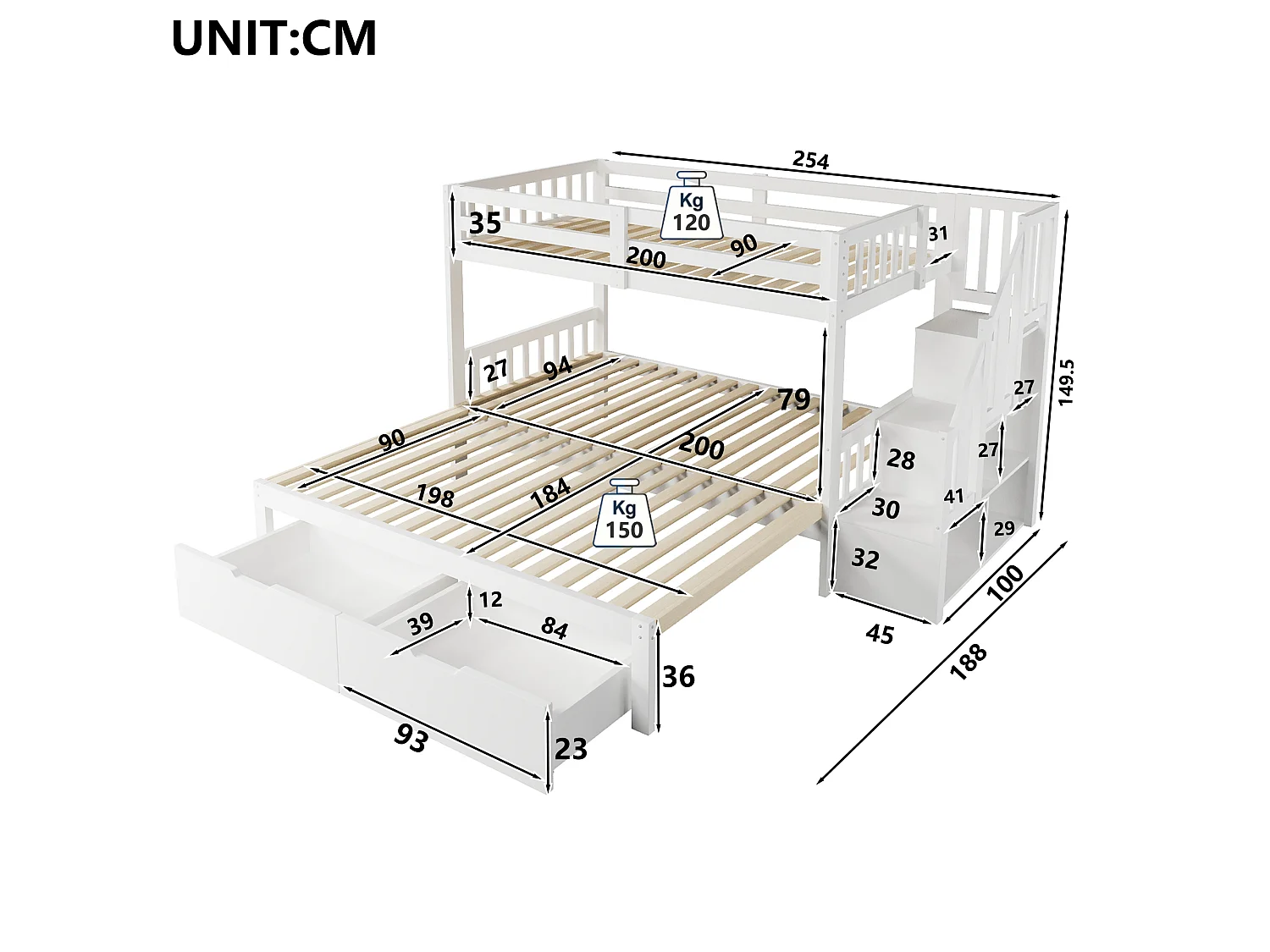 Lits superposés 2 x 90 x 200 cm avec lit gigogne - 2 tiroirs et étagères de rangement - bois de pin - blanc (sans matelas)