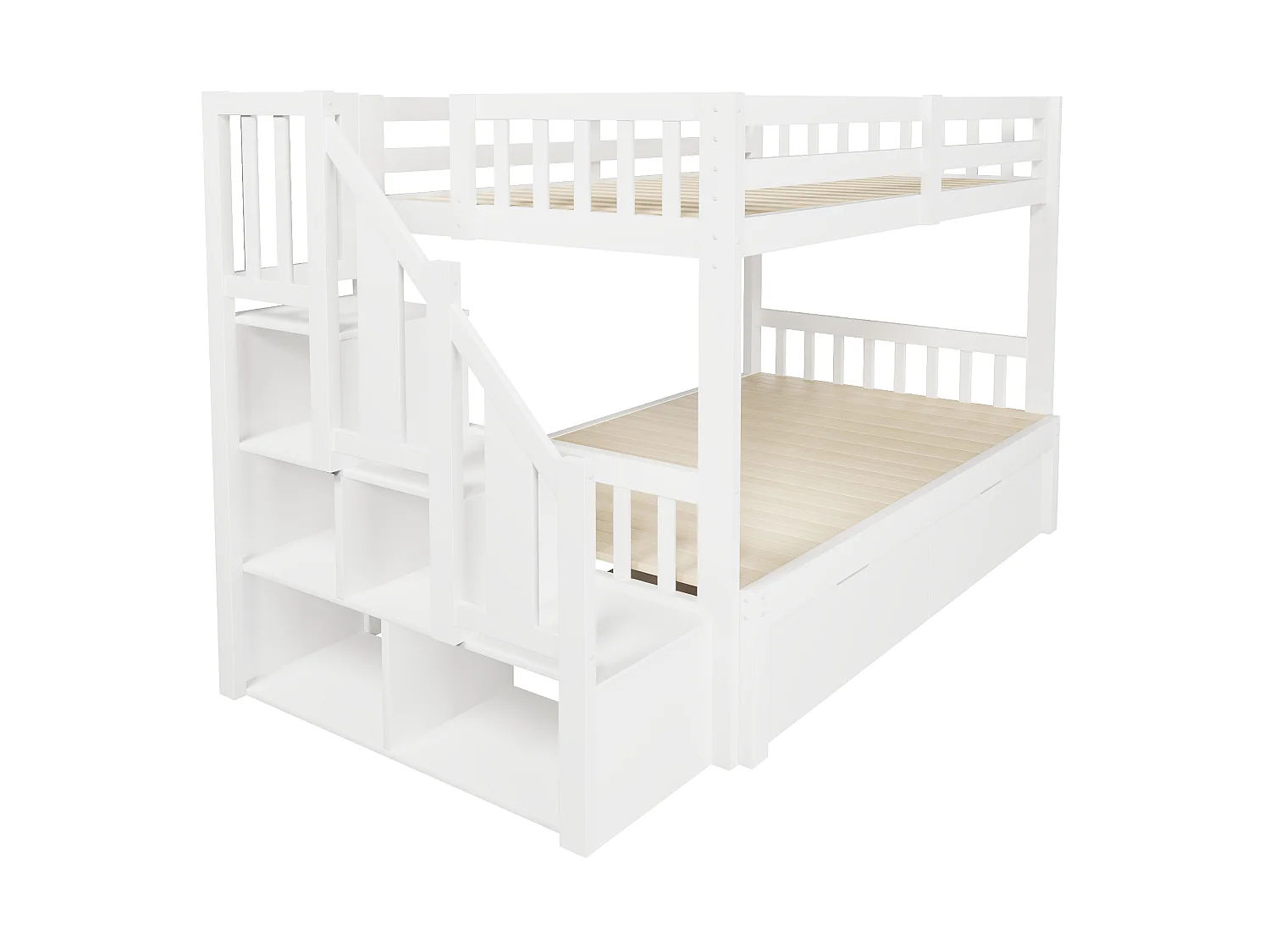 Lits superposés 2 x 90 x 200 cm avec lit gigogne - 2 tiroirs et étagères de rangement - bois de pin - blanc (sans matelas)