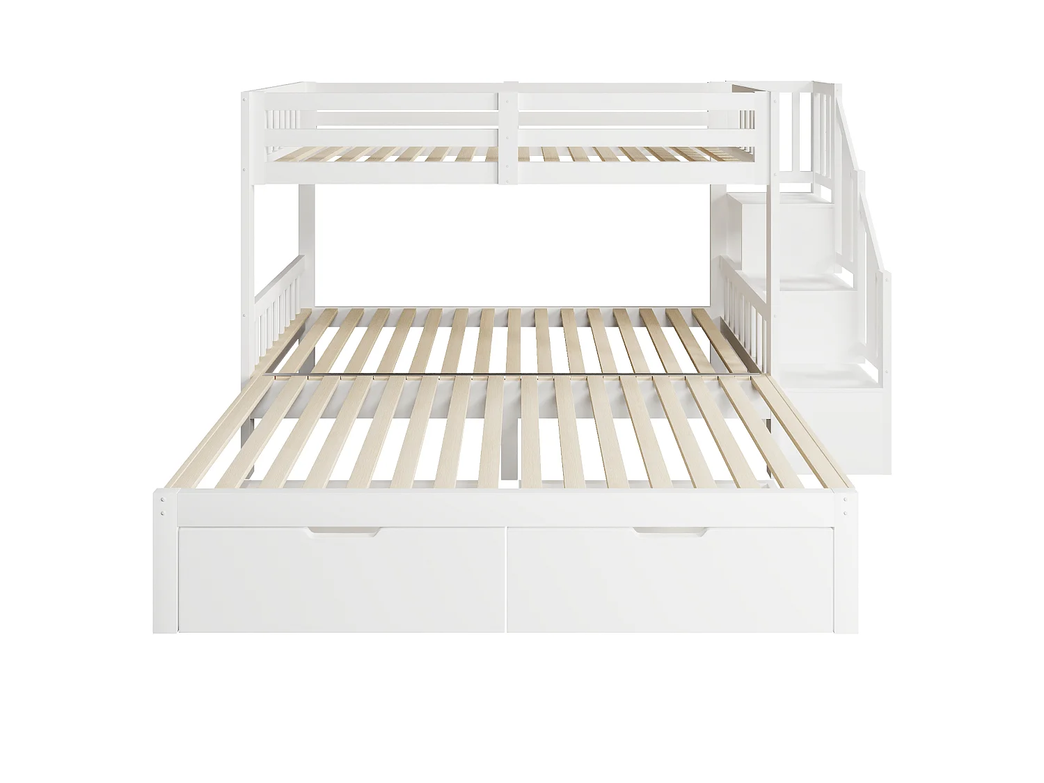 Lits superposés 2 x 90 x 200 cm avec lit gigogne - 2 tiroirs et étagères de rangement - bois de pin - blanc (sans matelas)