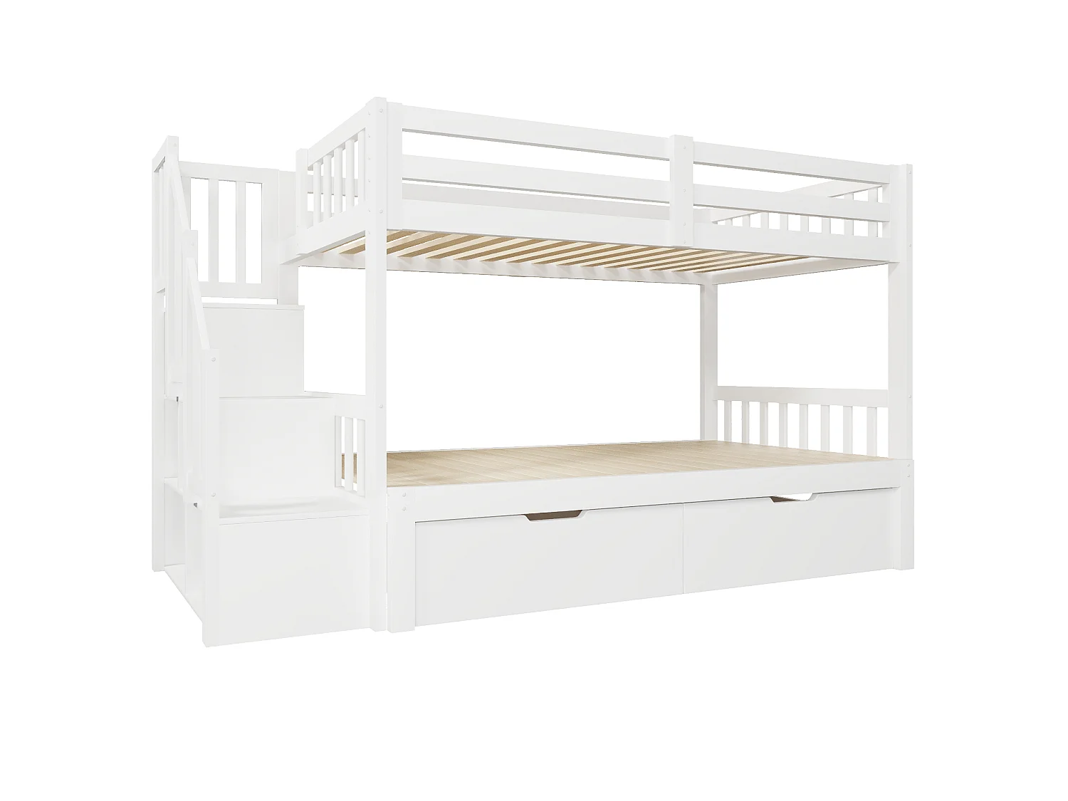 Lits superposés 2 x 90 x 200 cm avec lit gigogne - 2 tiroirs et étagères de rangement - bois de pin - blanc (sans matelas)