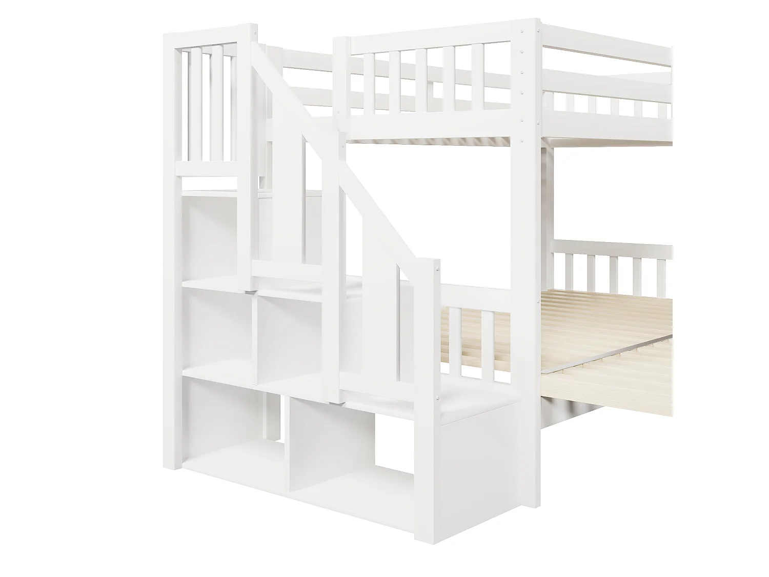 Lits superposés 2 x 90 x 200 cm avec lit gigogne - 2 tiroirs et étagères de rangement - bois de pin - blanc (sans matelas)