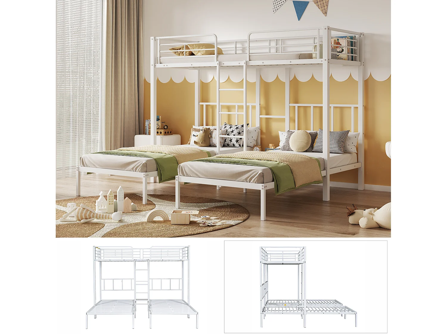 Driedubbele stapelbedden 3 x 90 x 200 cm met ladder en nachtkastje voor kinderen - metaal - wit (zonder matras)