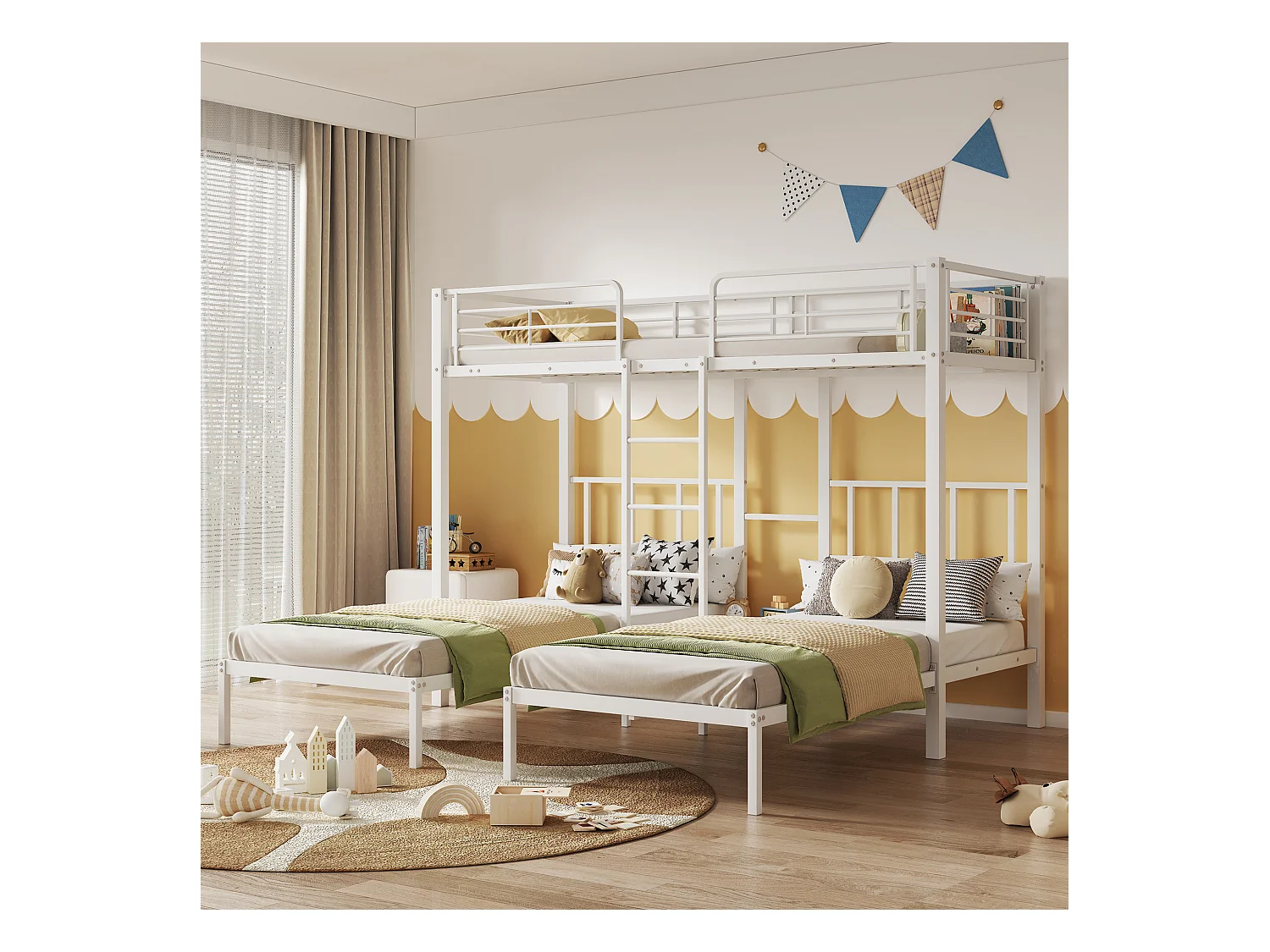 Lits superposés triple 3 x 90 x 200 cm avec échelle et table chevet pour enfant - métal - blanc (sans matelas)