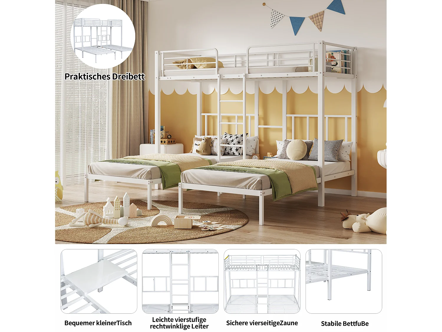 Letto a castello triplo 3 x 90 x 200 cm con scaletta e comodino per bambini - metallo - bianco (senza materasso)