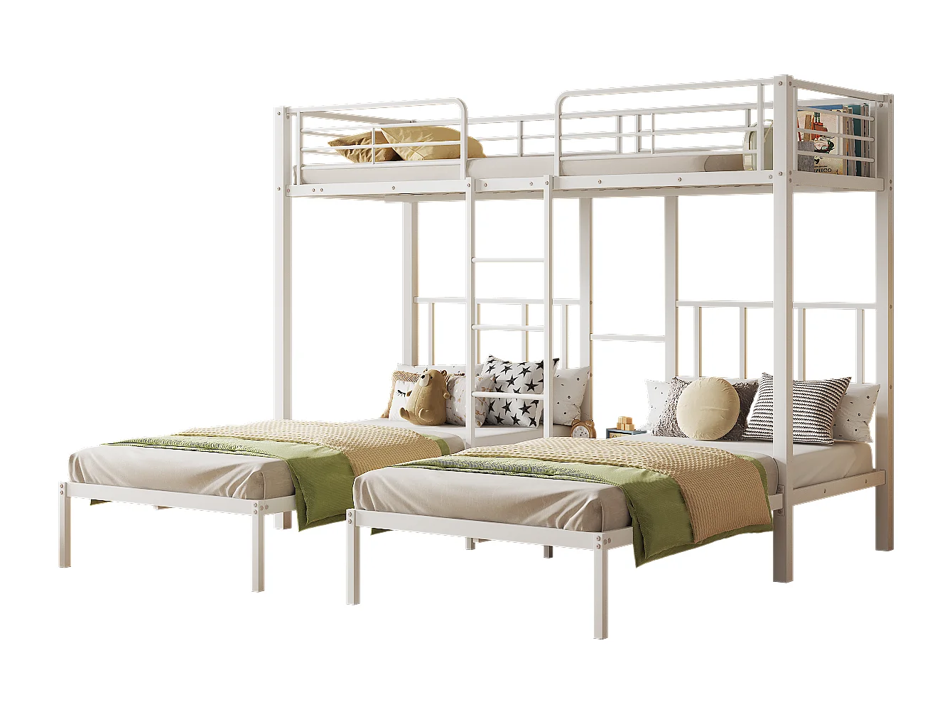 Letto a castello triplo 3 x 90 x 200 cm con scaletta e comodino per bambini - metallo - bianco (senza materasso)