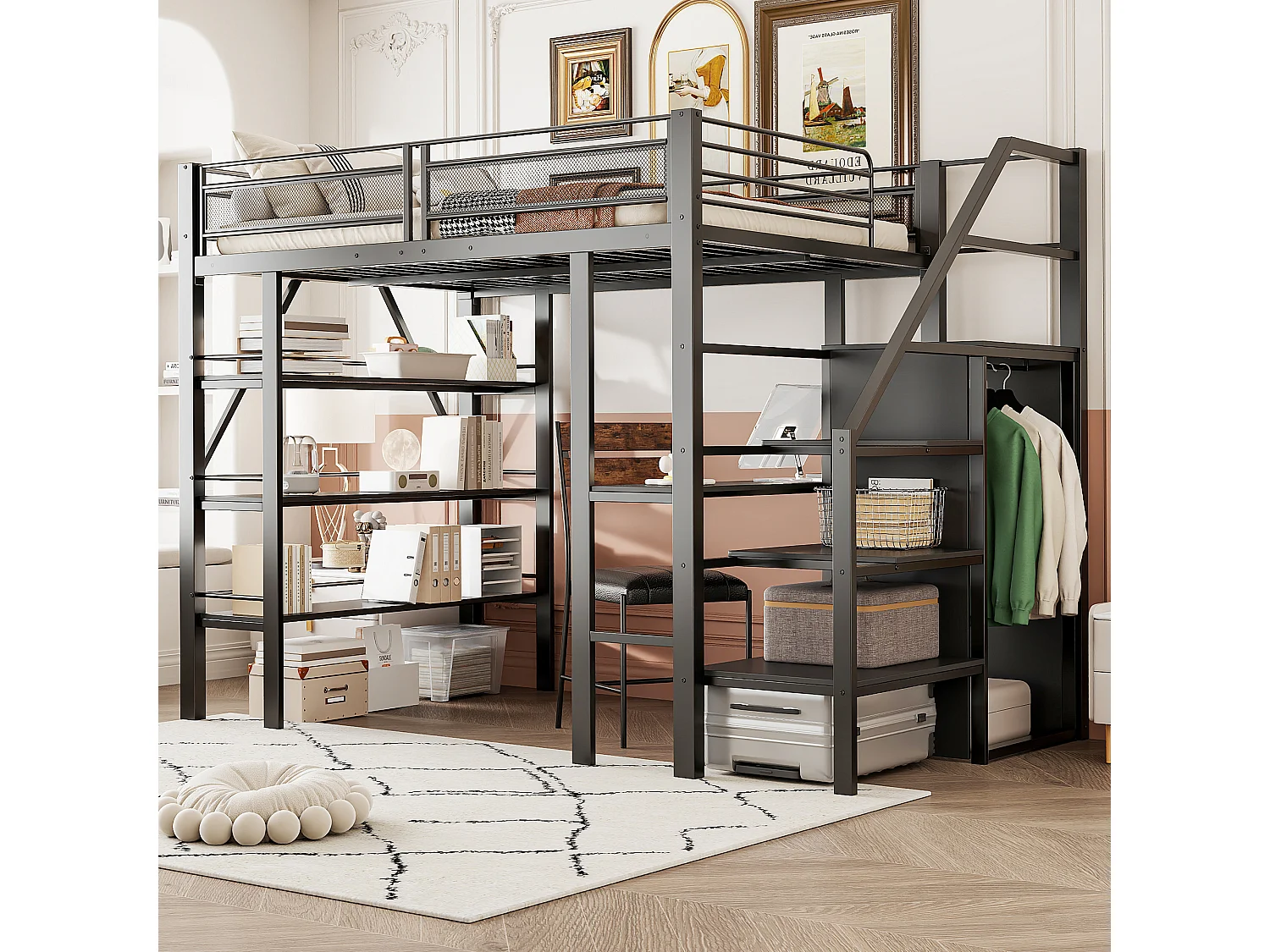 Lit mezzanine 140 x 200 cm avec bureau, armoire, étagères et marches de rangement - Métal - pour enfant - Noir (sans matelas)