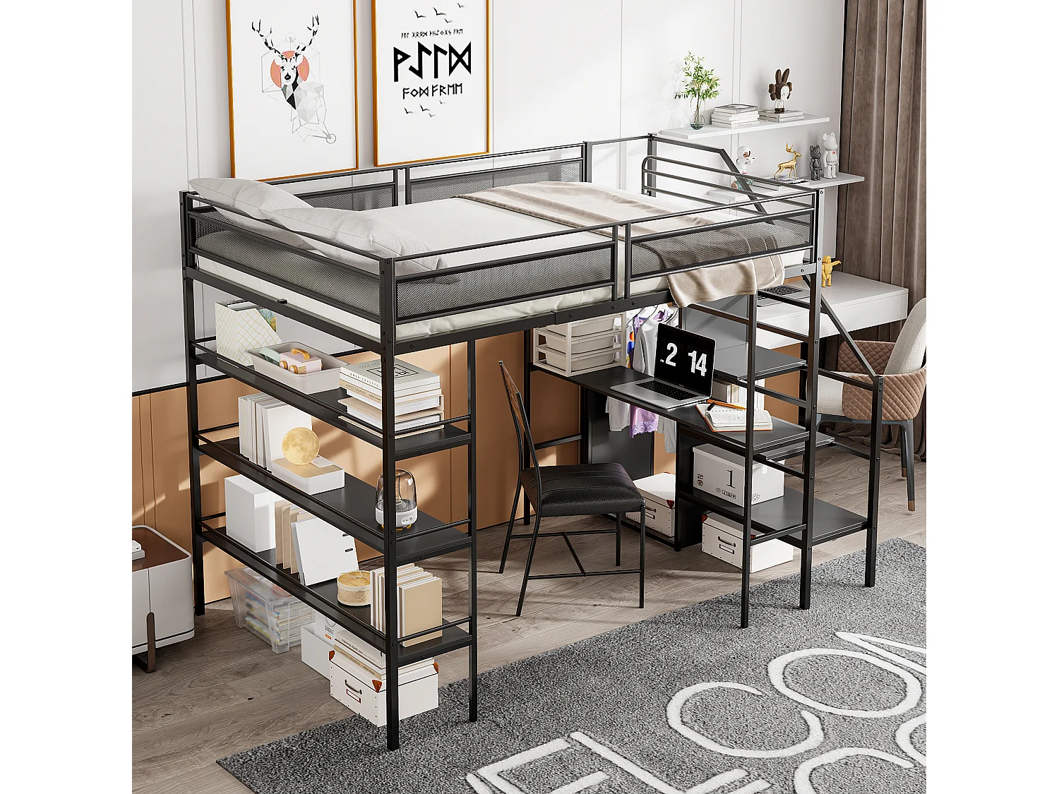 Lit mezzanine 140 x 200 cm avec bureau, armoire, étagères et marches de rangement - Métal - pour enfant - Noir (sans matelas)