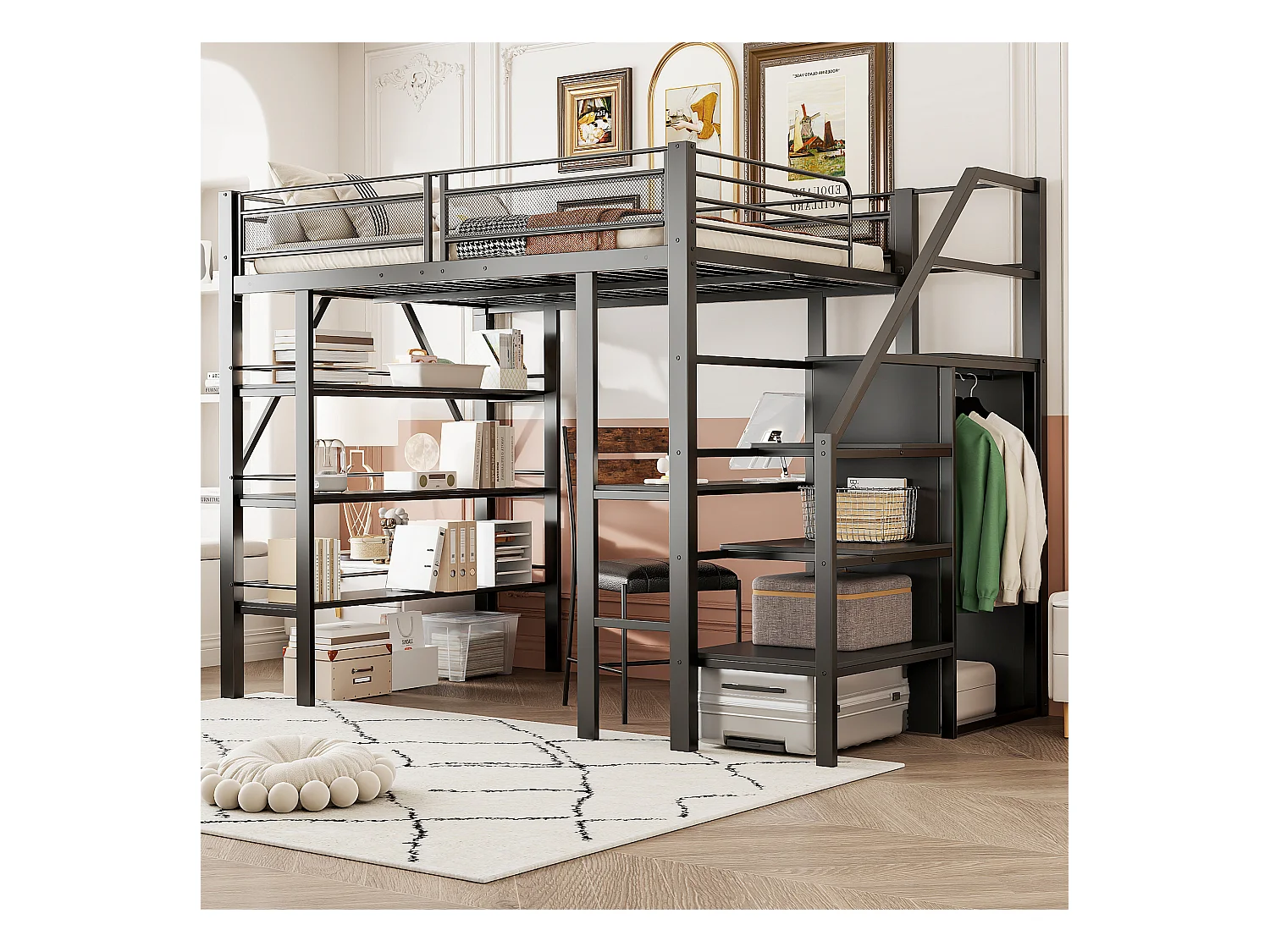 Lit mezzanine 140 x 200 cm avec bureau, armoire, étagères et marches de rangement - Métal - pour enfant - Noir (sans matelas)