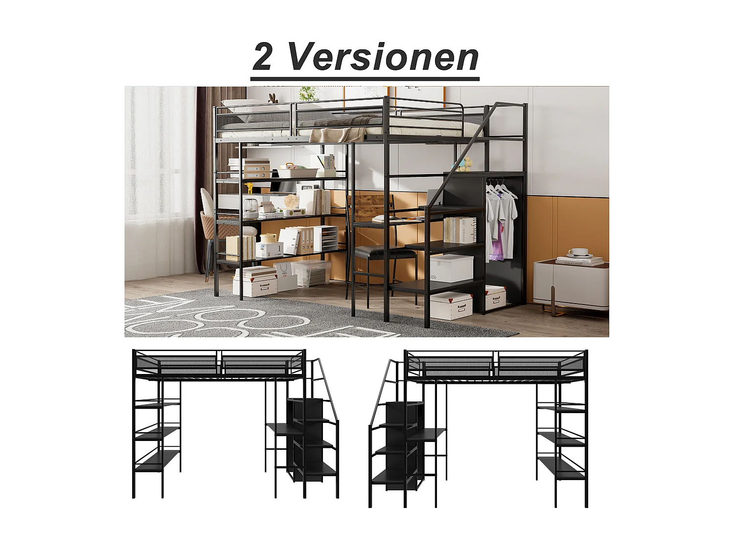 Lit mezzanine 140 x 200 cm avec bureau, armoire, étagères et marches de rangement - Métal - pour enfant - Noir (sans matelas)